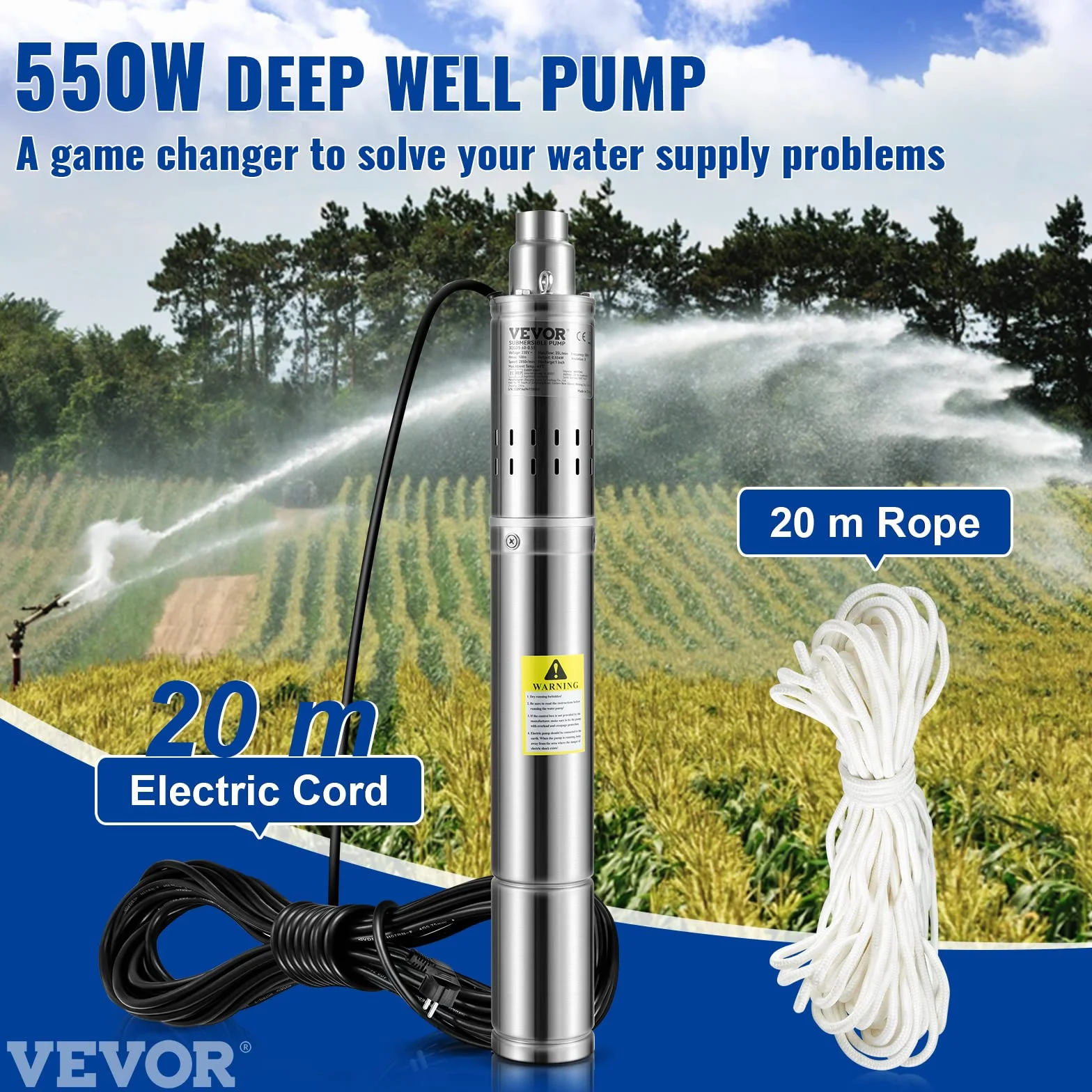VEVOR Pompa zatapialna 550 W Przepływ 35 l/min do basenu ogrodowego ogrodu ze stali nierdzewnej, pompa głębinowa do głębinowych studni 230 V maks. wysokość tłoczenia 108 m, pompa zatapialna