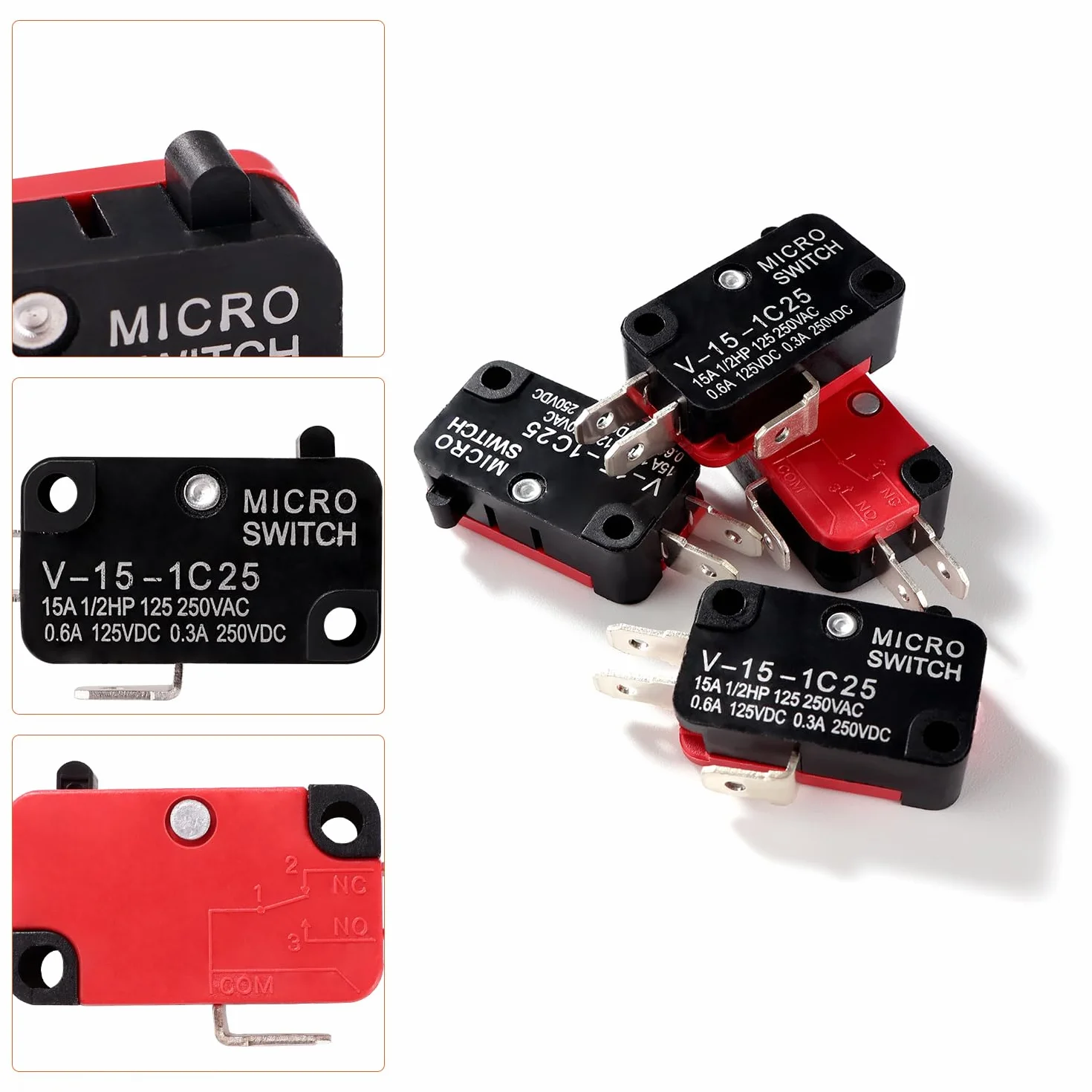 6 Sztuk V-15-1C25 Mikrowyłącznik Krańcowy, 125V/250V 15A SPDT 1 NO 1 NC Przełącznik Zatrzaskowy, do Drzwi Kuchenki Mikrofalowej Arcade Cherry Push Button