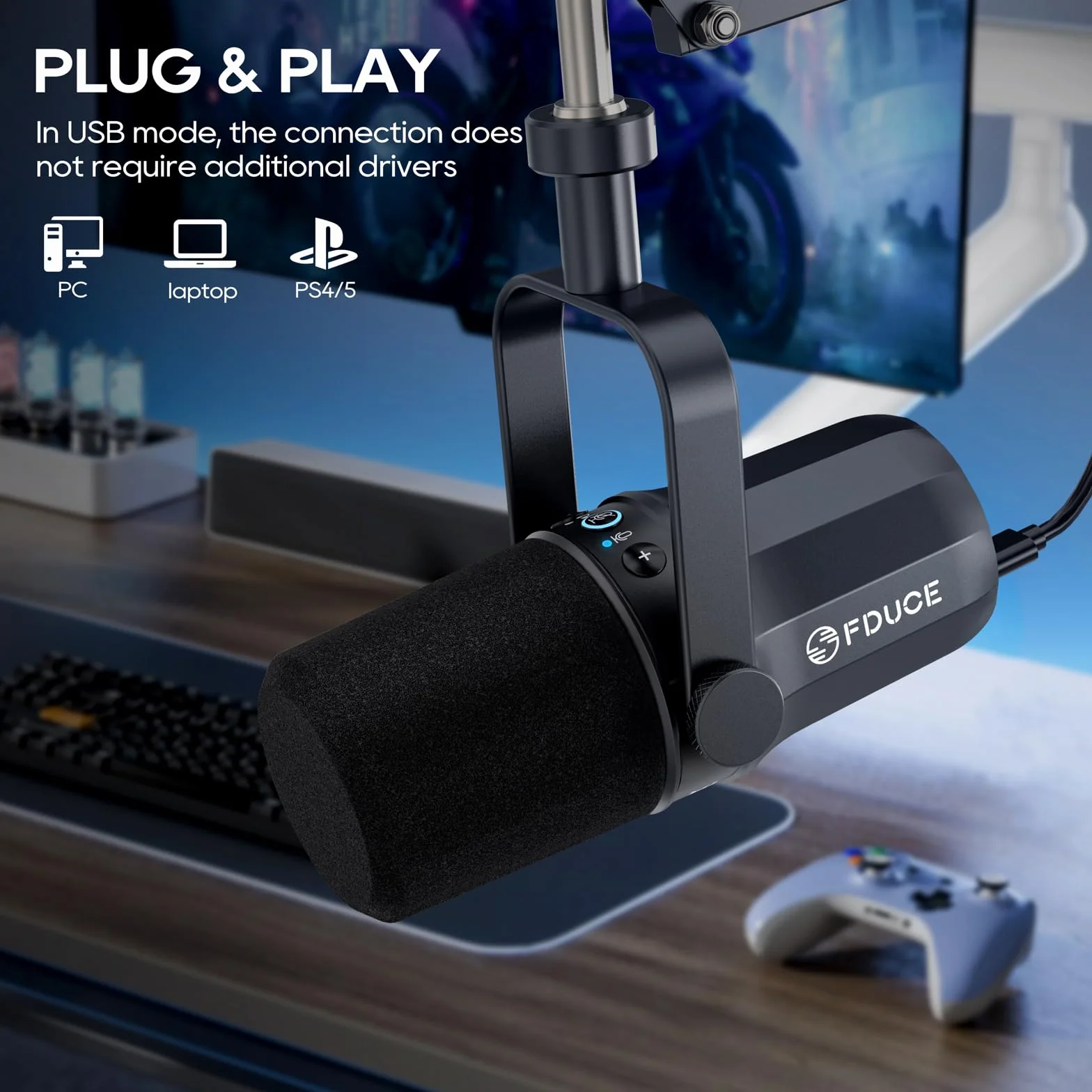 FDUCE SL40 Vocal Dynamic Podcast Microphone for Podcasting, Gaming, Live Streaming & Recording, Built-in Headphone Output, LED Mute Button, All Metal USB/XLR Cardioid Mic, Voice-Isolating Technology