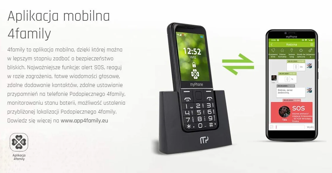 myPhone Halo Q+ 4family telefon dla seniora ze stacją ładującą, duży wyświetlacz 2,8 cala, mocna bateria 1400 mAh, aparat 2Mpx, duże klawisze, fotokontakty, 3G, przycisk SOS, latarka, dual SIM