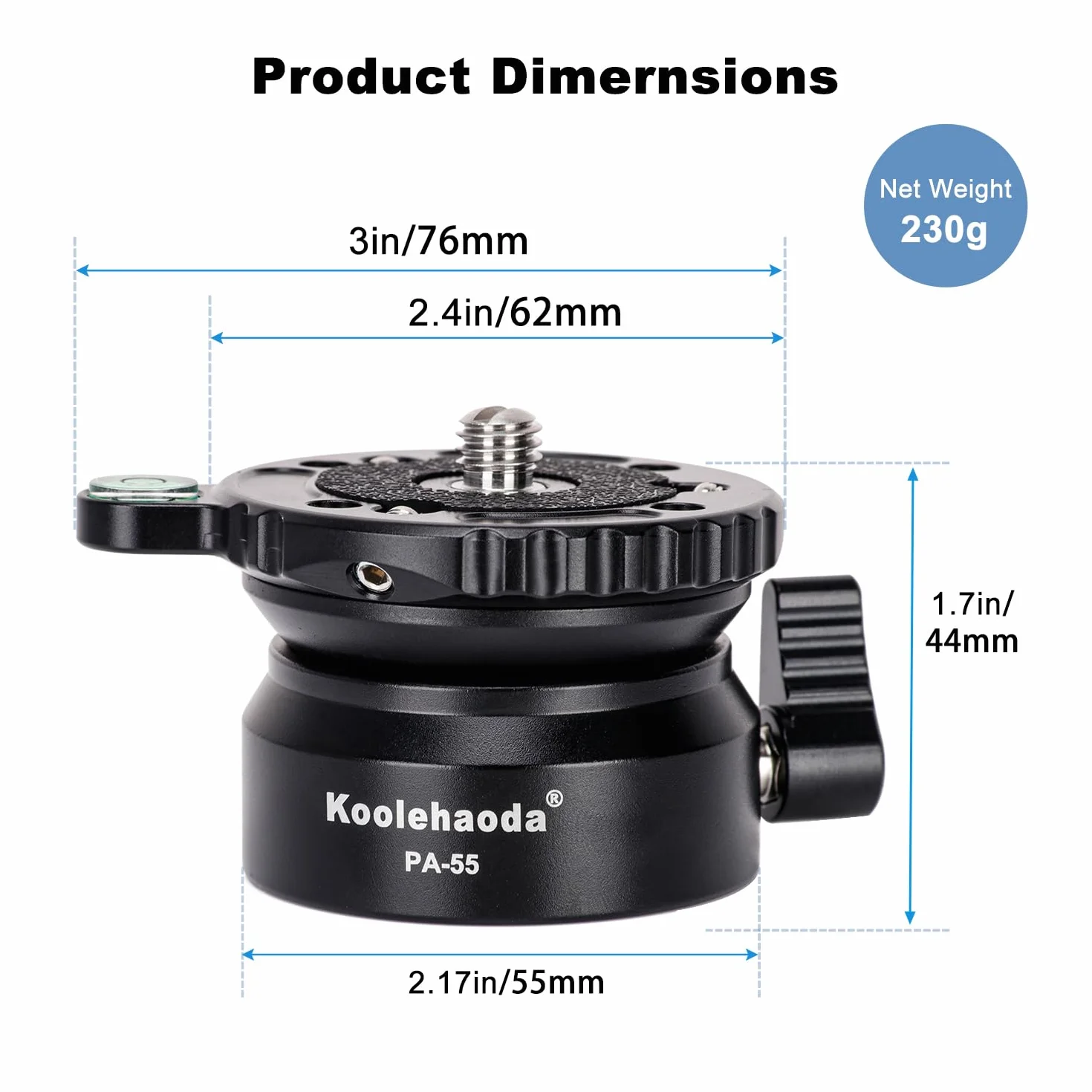 Koolehaoda PA-55 Głowica poziomująca do aparatu, podstawa poziomująca frezowana CNC z gwintem 1/4 i poziomicą offsetową, maksymalne obciążenie 10 kg