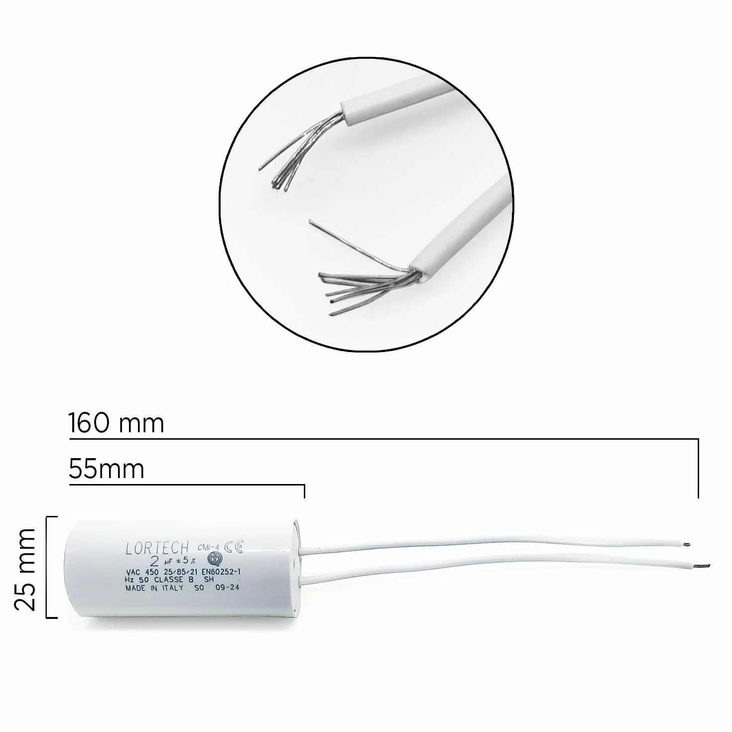 LORTECH Kondensator silnika 2 µF - Ø 25mm x 55mm - Wyprodukowano we Włoszech