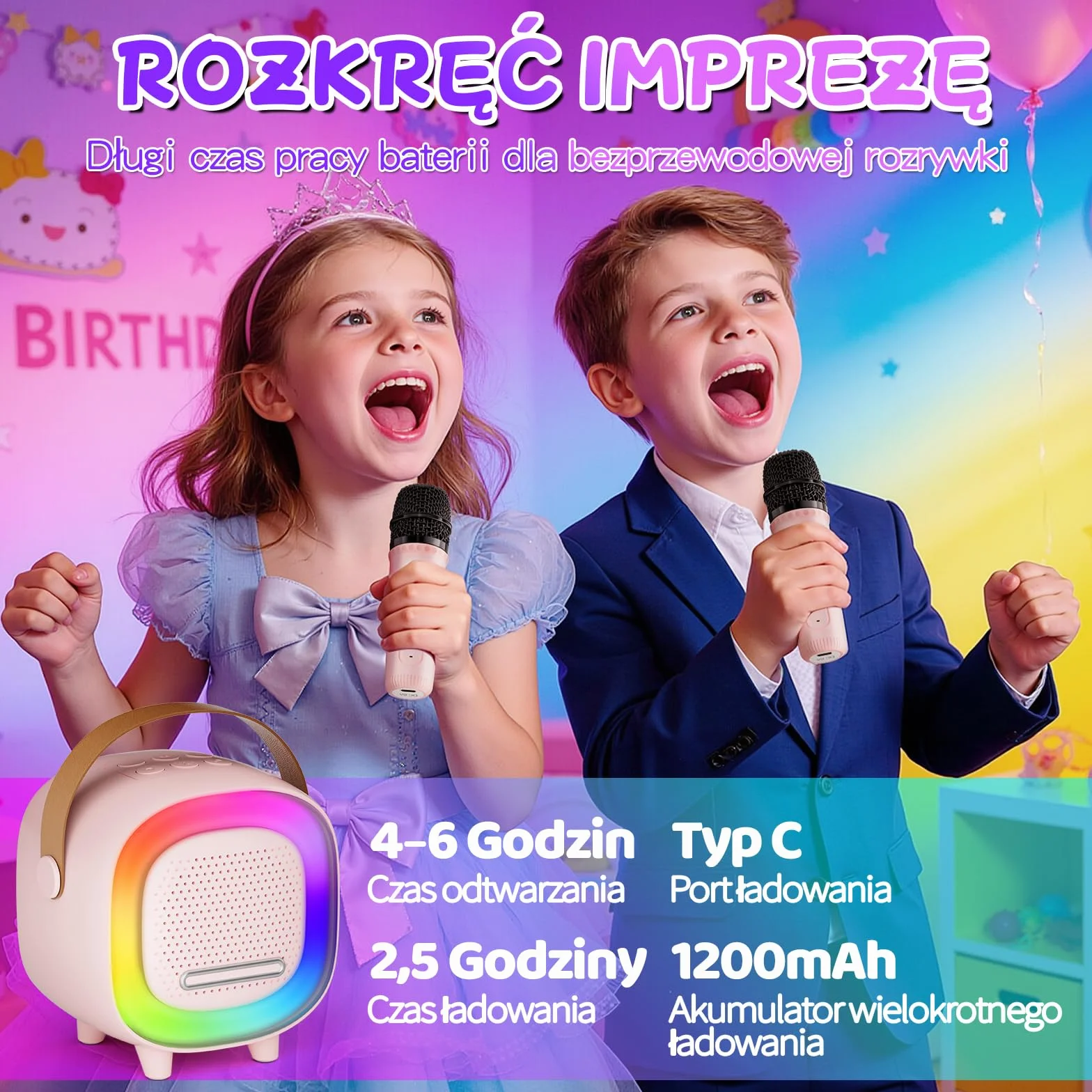 Mini Karaoke dla Dzieci i Dorosłych, 7 Trybów Efektów Dźwiękowych 6 Trybów Podświetlenia, Przenośny Głośnik Bluetooth z 2 Mikrofonami Bezprzewodowymi, Prezenty Świąteczne i Urodzinowe