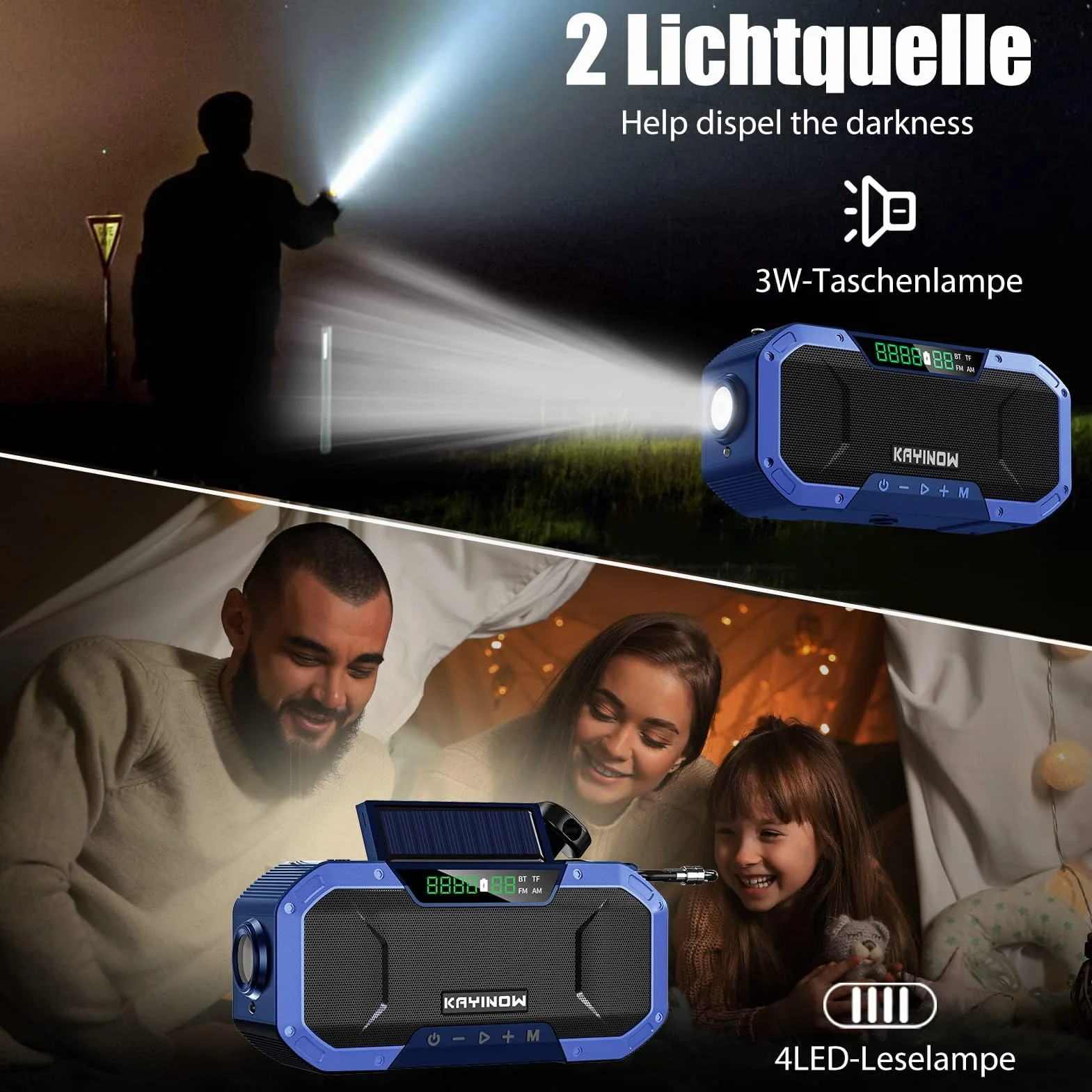 KAYINOW Dynamo Solar Survival Radio - Głośnik Bluetooth, wodoodporne przenośne radio AM FM, 5000 mAh, akumulator, korba akumulatorowa, wielofunkcyjne radio awaryjne, kemping, SOS, latarka