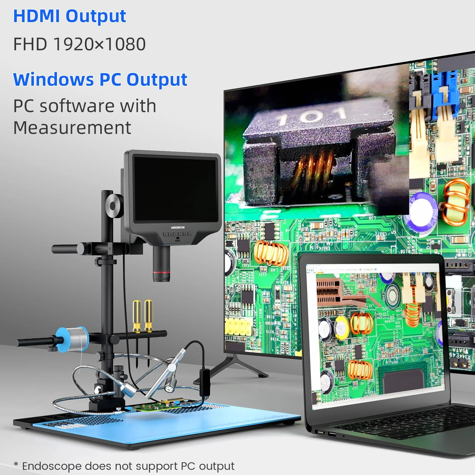 Andonstar AD409 Max cyfrowy mikroskop HDMI ze stacją lutowniczą, endoskopem, 10,1-calowym ekranem LCD, kamera mikroskopowa 300X USB do profesjonalnego lutowania PCB, obsługuje Windows PC