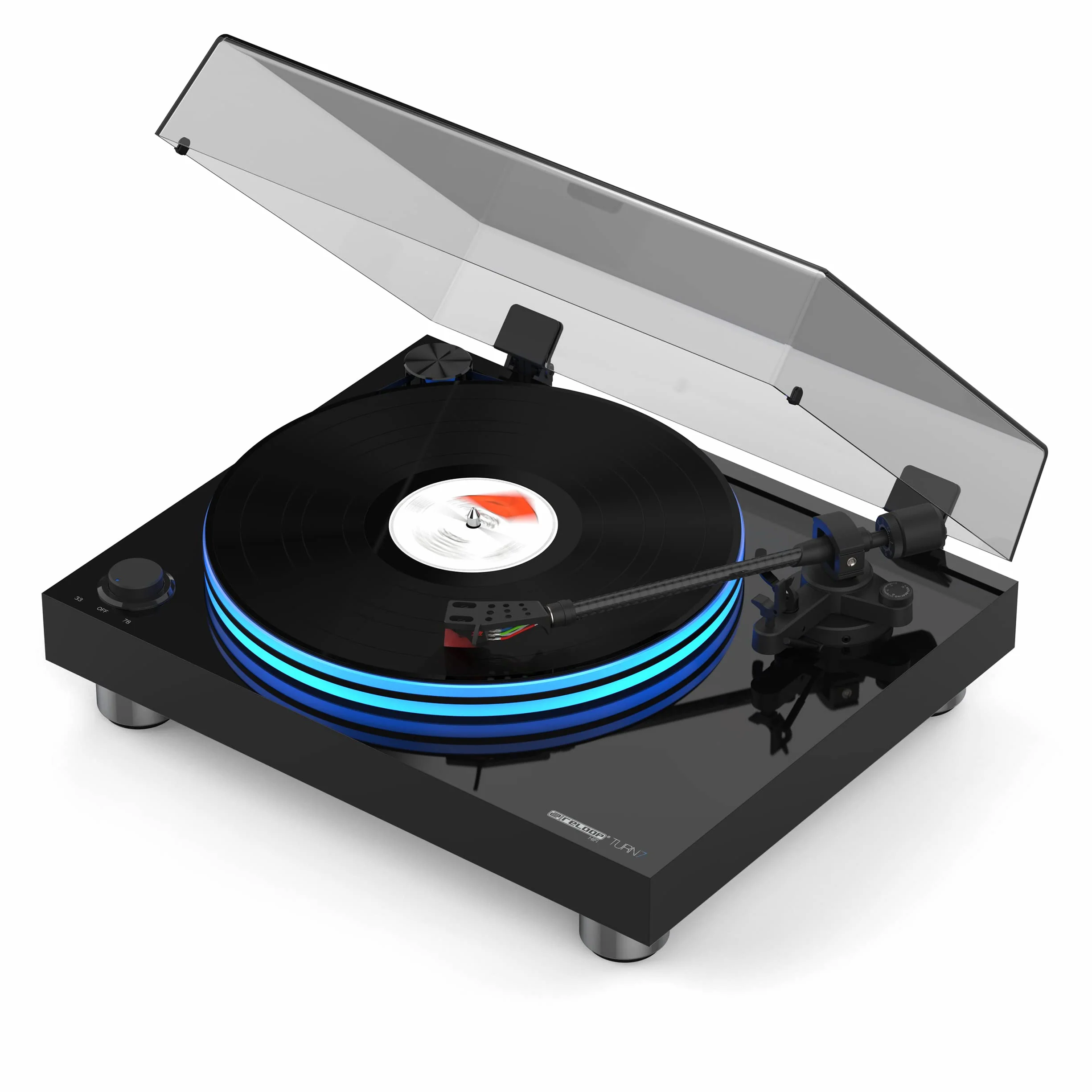 Reloop Turn 7 Gramofon HiFi napędzany paskiem Ortofon 2M Red akrylowy z podświetleniem LED silnik napędowy zewnętrzna prowadnica paska węglowe ramię tonowe