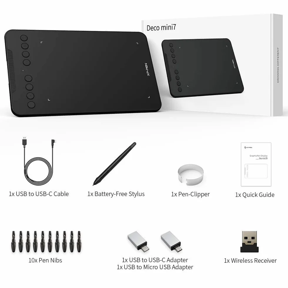 XPPen Deco Mini tablet graficzny 7 W, 2,4 G, bezprzewodowy tablet do rysowania, z nachyleniem 60°, kompatybilny z systemem Android/Windows/Mac/Chromebook