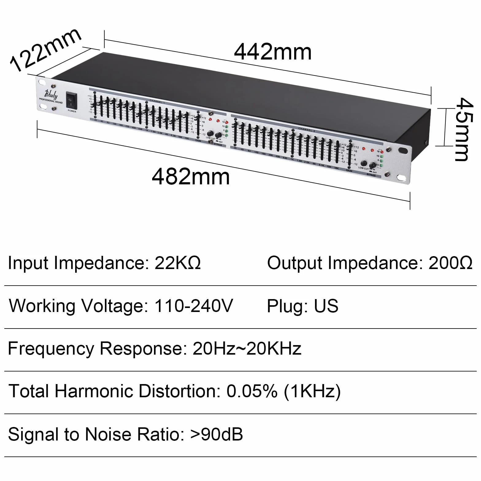 Btuty EQ-215 Dual Channel 15-pasmowy korektor 1U do montażu na stojaku 2-kanałowy stereo graficzny