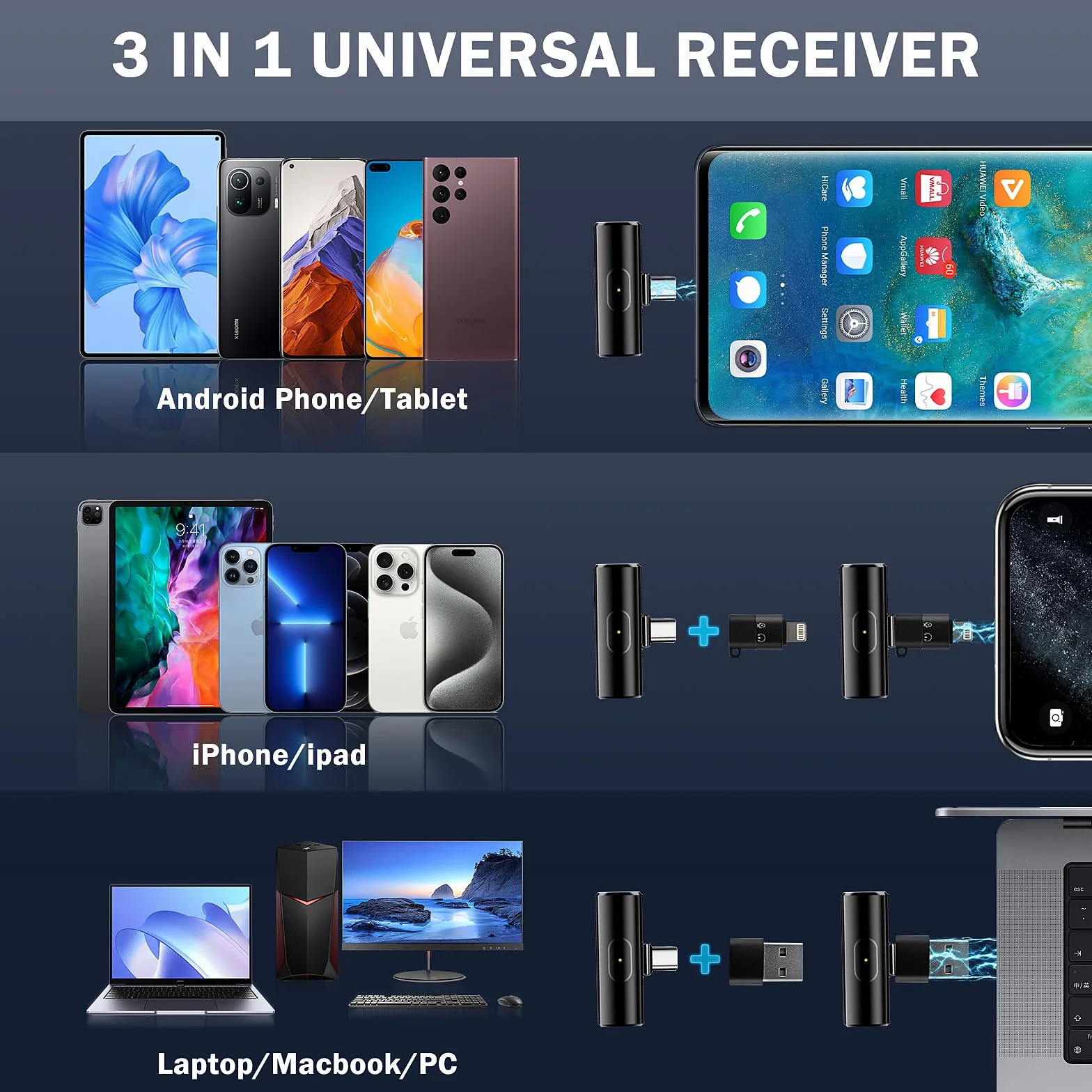 Weinsamkeit Bezprzewodowy mikrofon Lavalier z wyświetlaczem LED i ładowarką, mini do iPhone/iPada/Type-C Android/PC, 2,4 GHz Auto Sync, mikrofon do vloga, YouTube, wywiadu