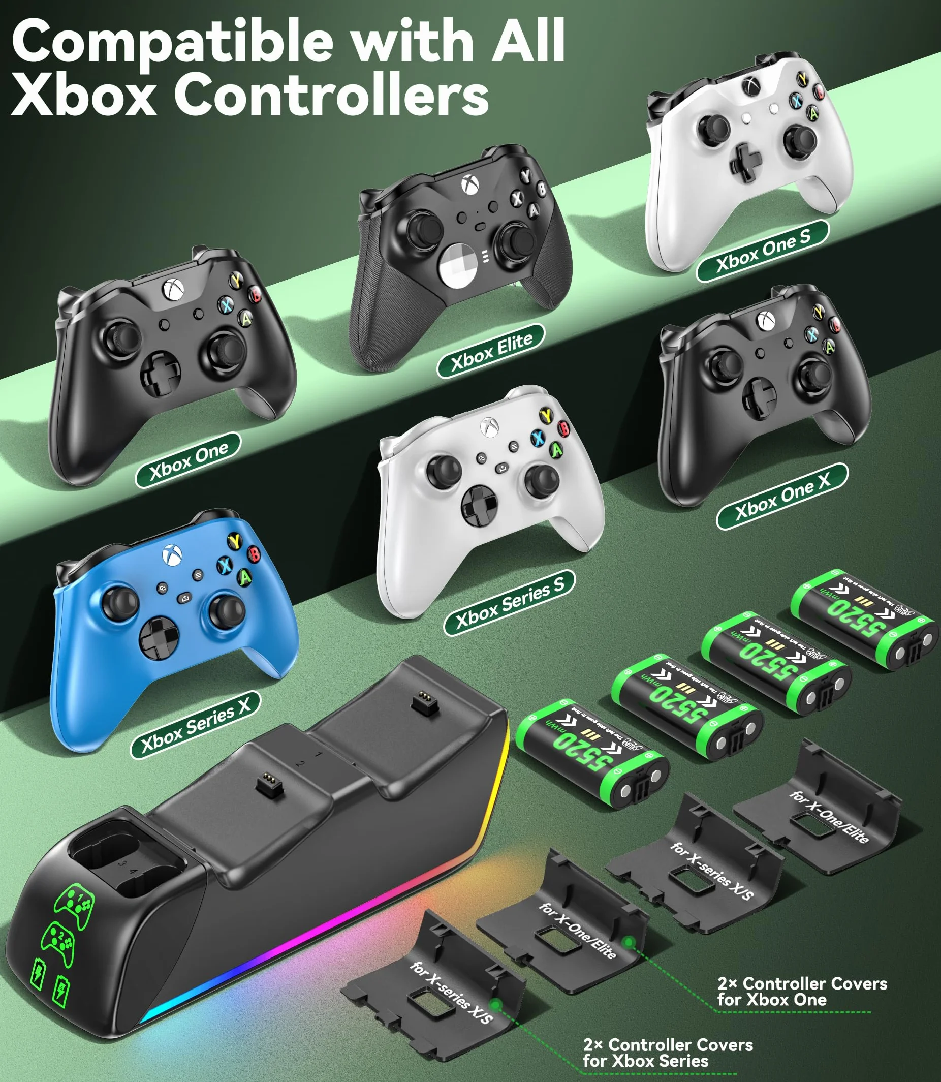 Stacja ładująca kontrolera Xbox z 4 x 5520 mWh akumulatorami do Xbox Series/One X|S, podwójna stacja ładująca RGB Xbox z kontrolerem X, akcesoria do kontrolerów gier
