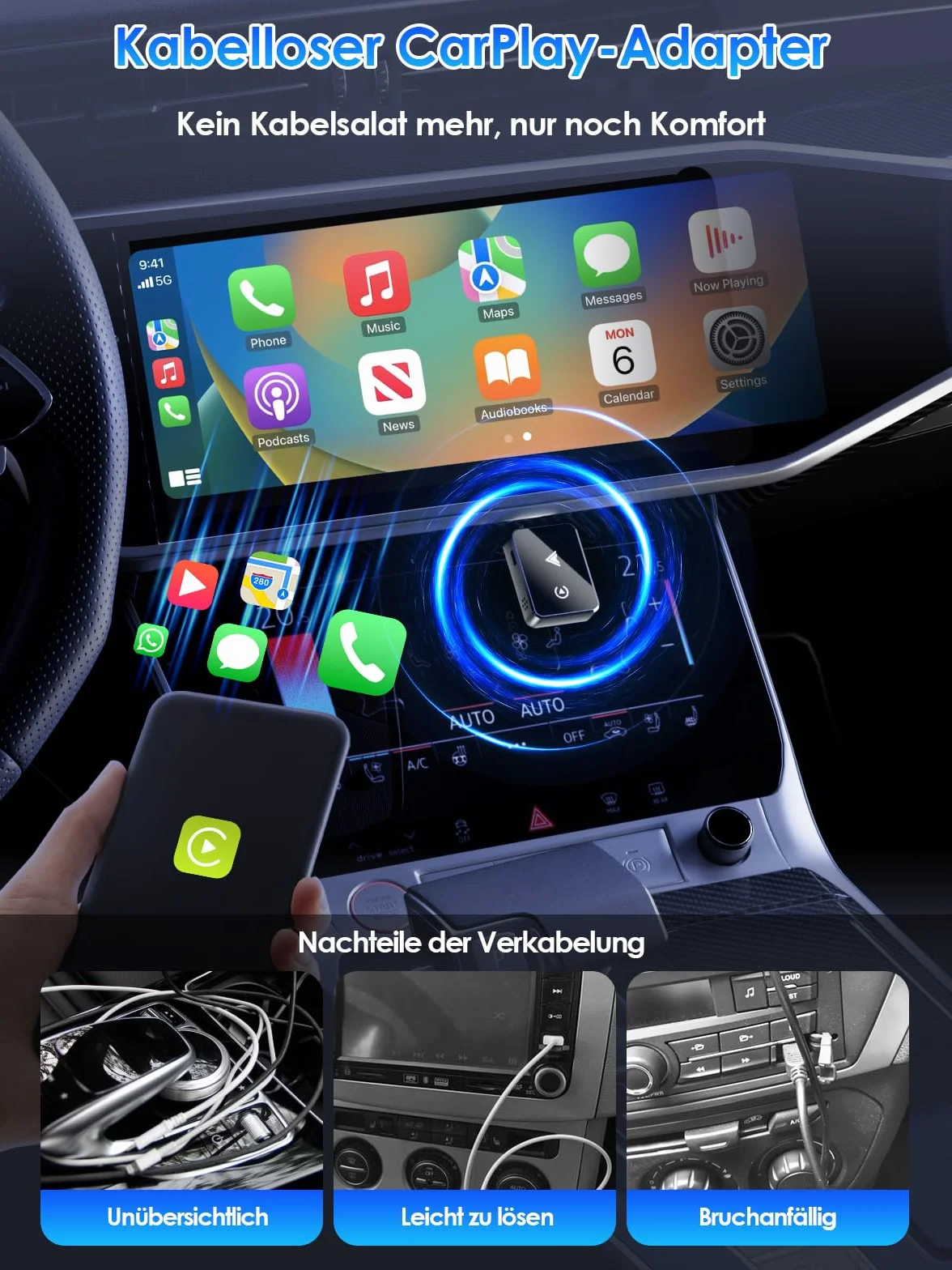 Adapter bezprzewodowy 2 w 1 do CarPlay/Android Auto, PARPAT konwersja z przewodowego na bezprzewodowy z USB/Type-C, stabilne połączenie i brak opóźnień, kompatybilny z iPhone/Android