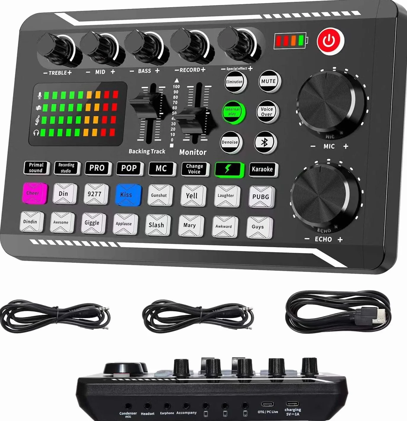 ALLWIN Karta dźwiękowa na żywo i interfejs audio z efektami miksera DJ i zmieniaczem głosu, mikser audio stereo Bluetooth F998, do strumieniowania na żywo YouTube, komputera, studia nagrań i gier