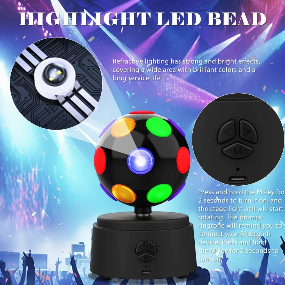 Obrotowa kula dyskotekowa, obracająca się kula dyskotekowa o 360° z wielokolorowymi diodami LED, obsługuje łączność Bluetooth, efekt dźwięku przestrzennego stereo, na imprezę, urodziny, do domu, na