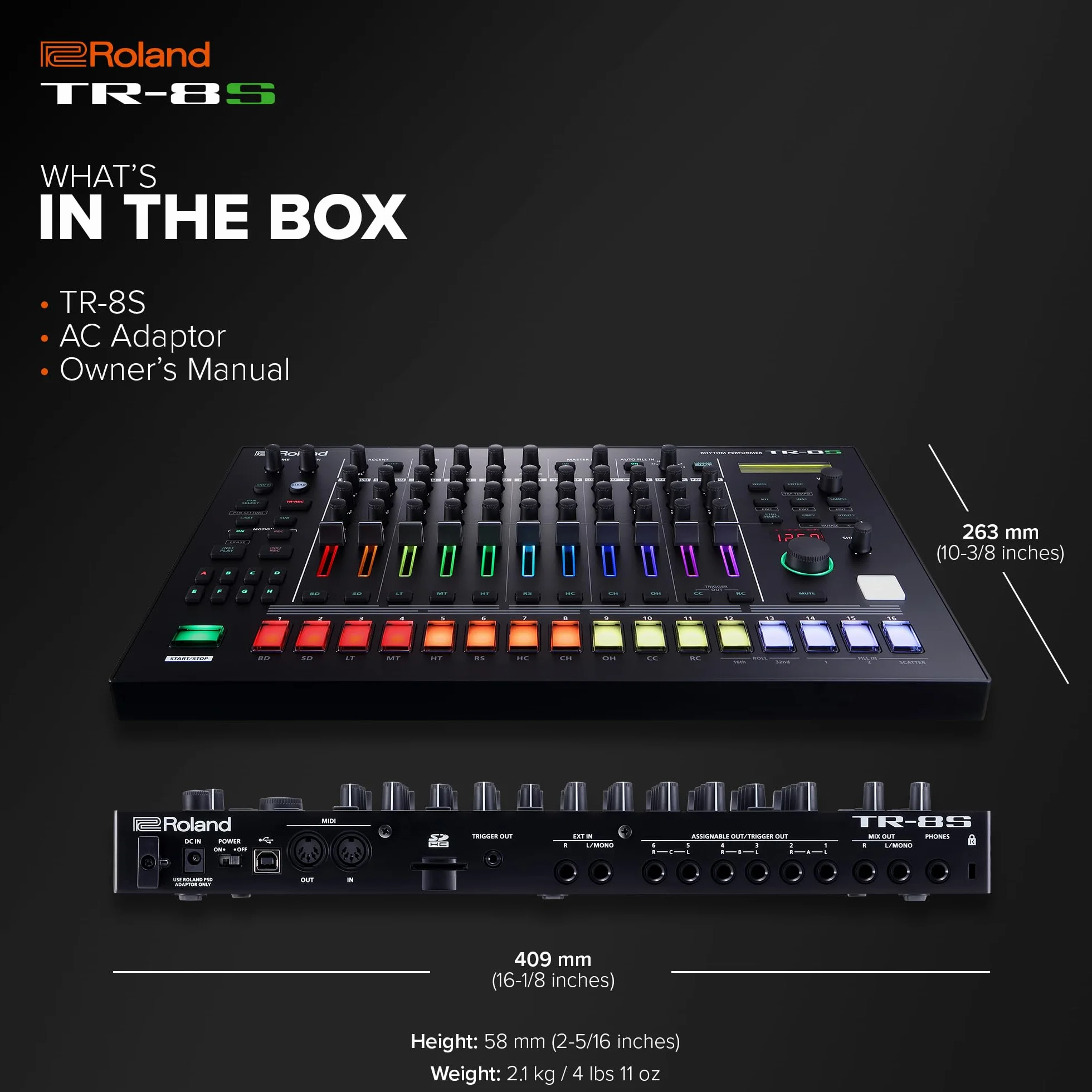 Roland TR-8S Rhythm Performer | Zaawansowany Automat Perkusyjny z Klasycznymi Brzmieniami Perkusyjnymi TR, w tym TR-808, TR-909, TR-707, TR-727, TR-606 i CR-78 | Technologia ACB | 128 Zestawów