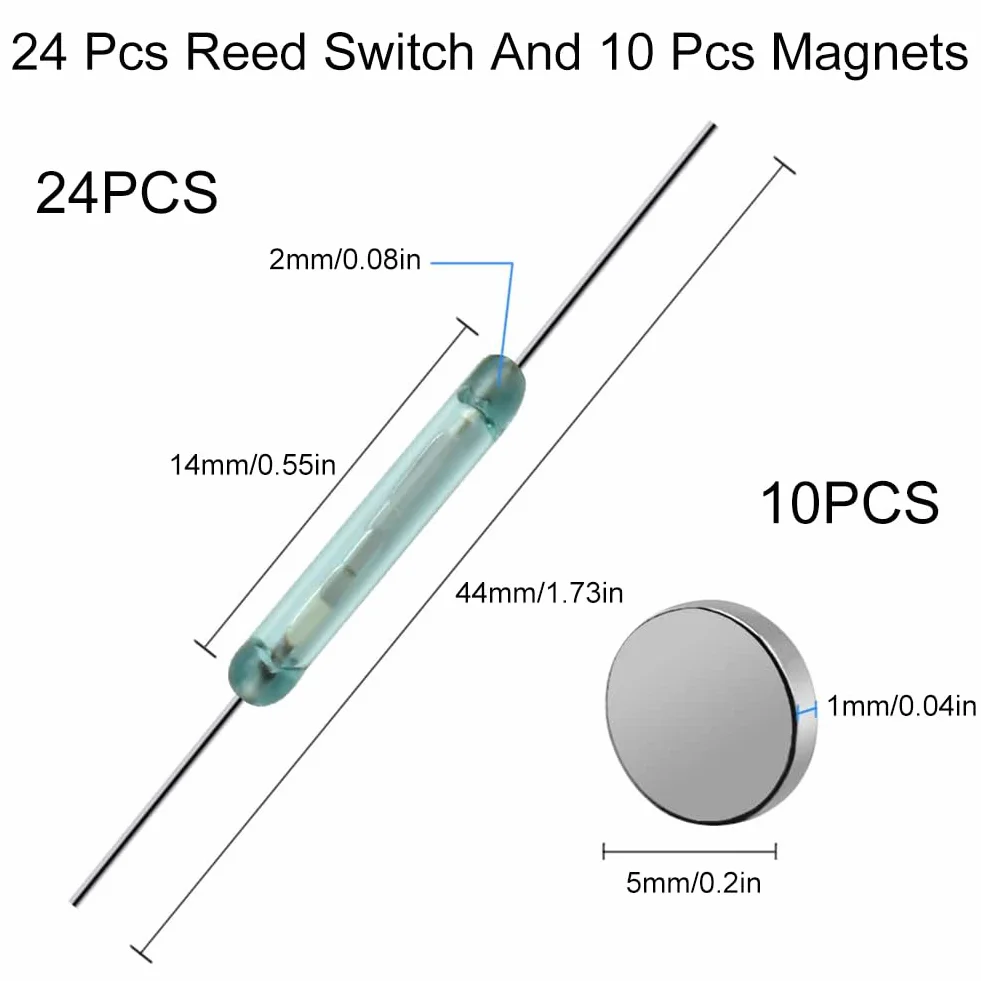 Przełączniki szklane Reed, 24 szt., styk Reed, magnetyczny przełącznik indukcyjny, z 10 magnesami