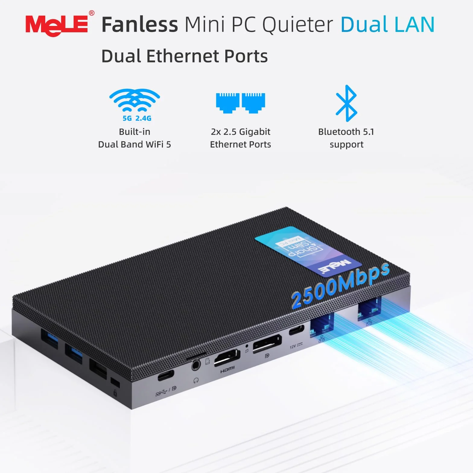 MeLE QuieterDL Fanless Mini PC 2,5 GB Dual LAN Alder Lake N100 (do 3,4 GHz), 4 GB DDR4 128 GB ROM, Windows 11 Home, mikroPC, USB-C HDMI2.0 + DP1.4, potrójny wyświetlacz, komputer stacjonarny