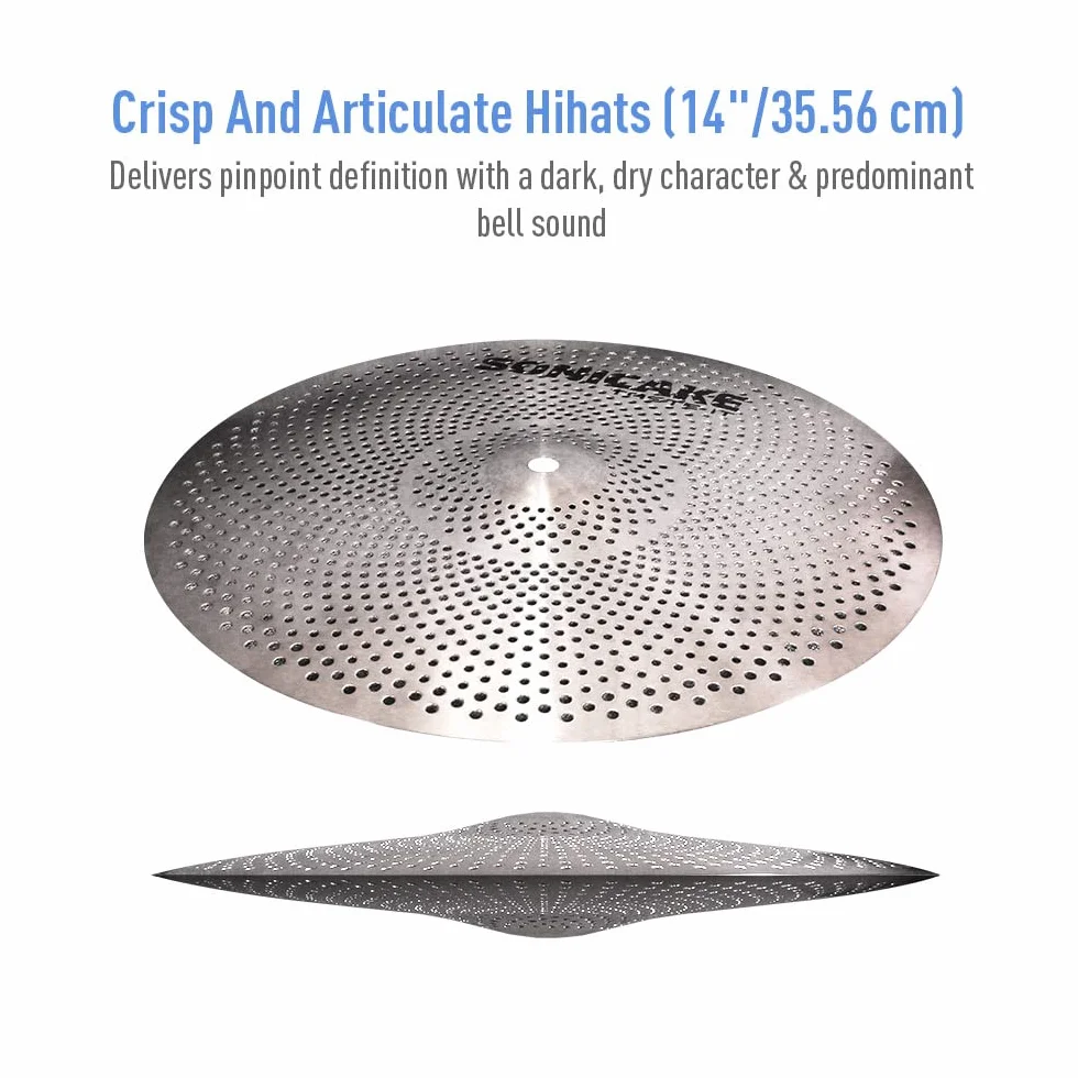 SONICAKE Zestaw talerzy o niskiej objętości, zestaw cichych talerzy 35 cm, Hi-Hat+40 cm, Crash 45 cm + 50 cm zestaw talerzy treningowych, 5 szt., srebrny