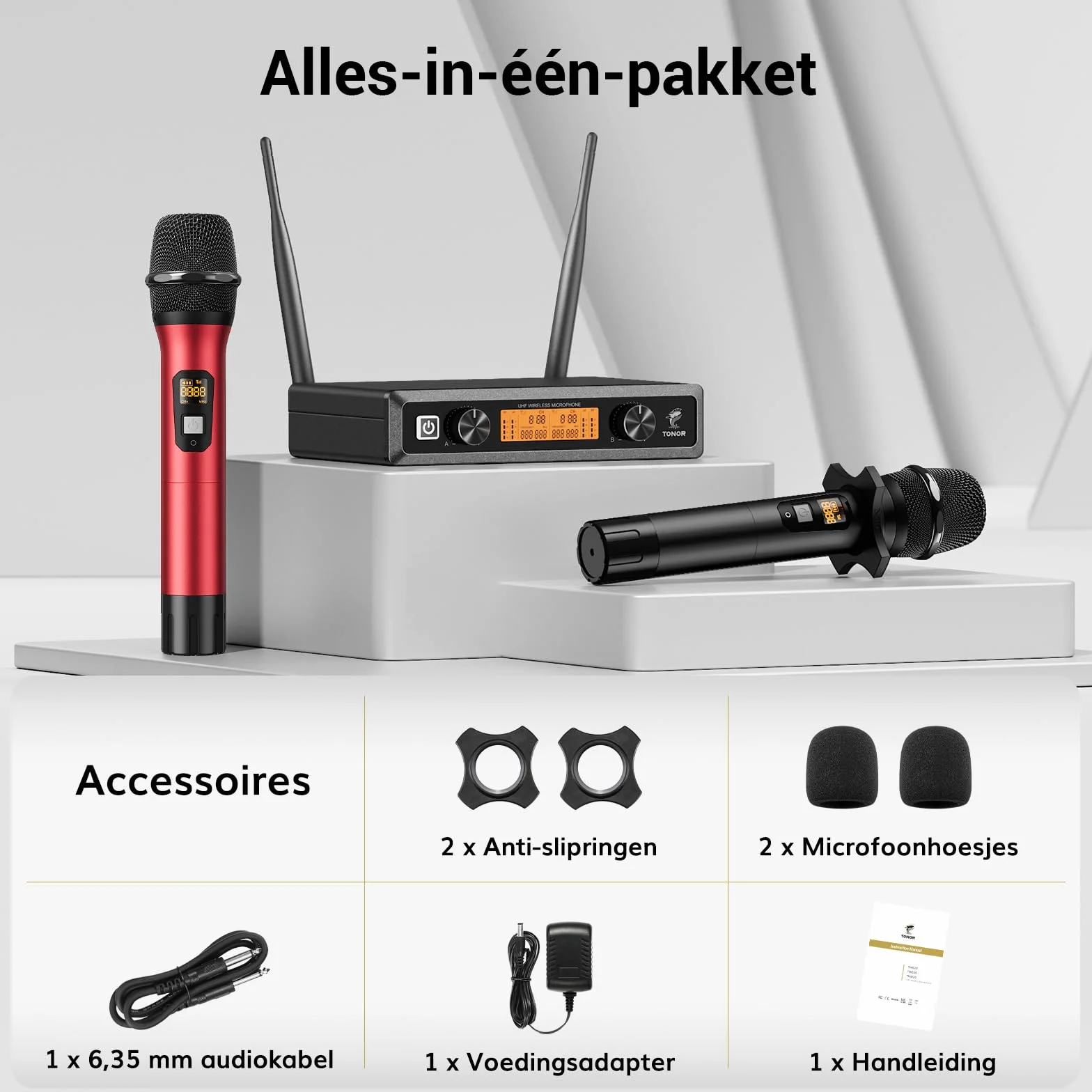 TONOR Bezprzewodowy Mikrofon UHF TW820, Podwójny Ręczny System Mikrofonowy, 60 m, Czarny i Czerwony