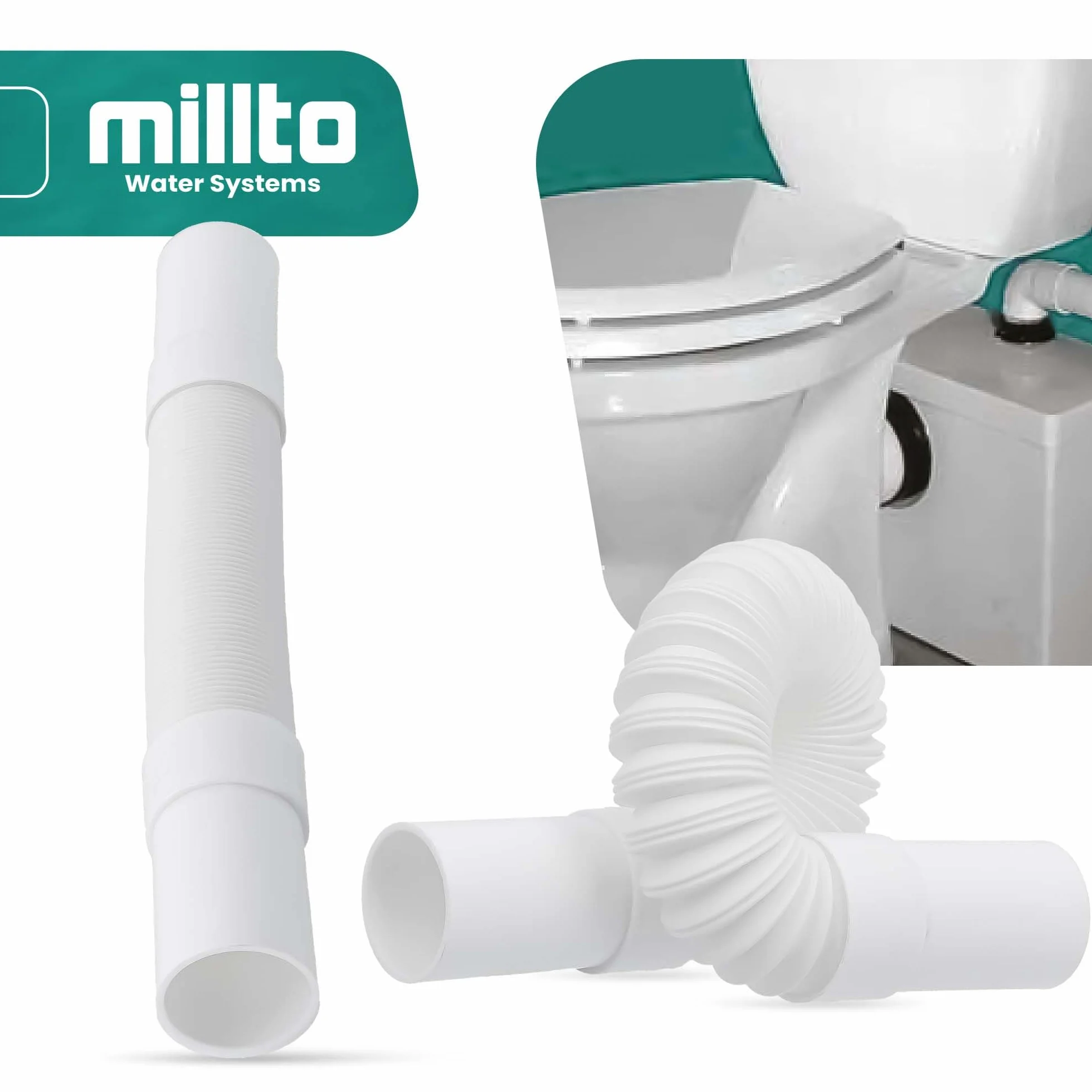 Millto™ Elastyczna rura odpływowa 32 mm biała przyłącze polipropylenowe uniwersalne połączenie wąż pasuje do wszystkich konfiguracji, regulowany