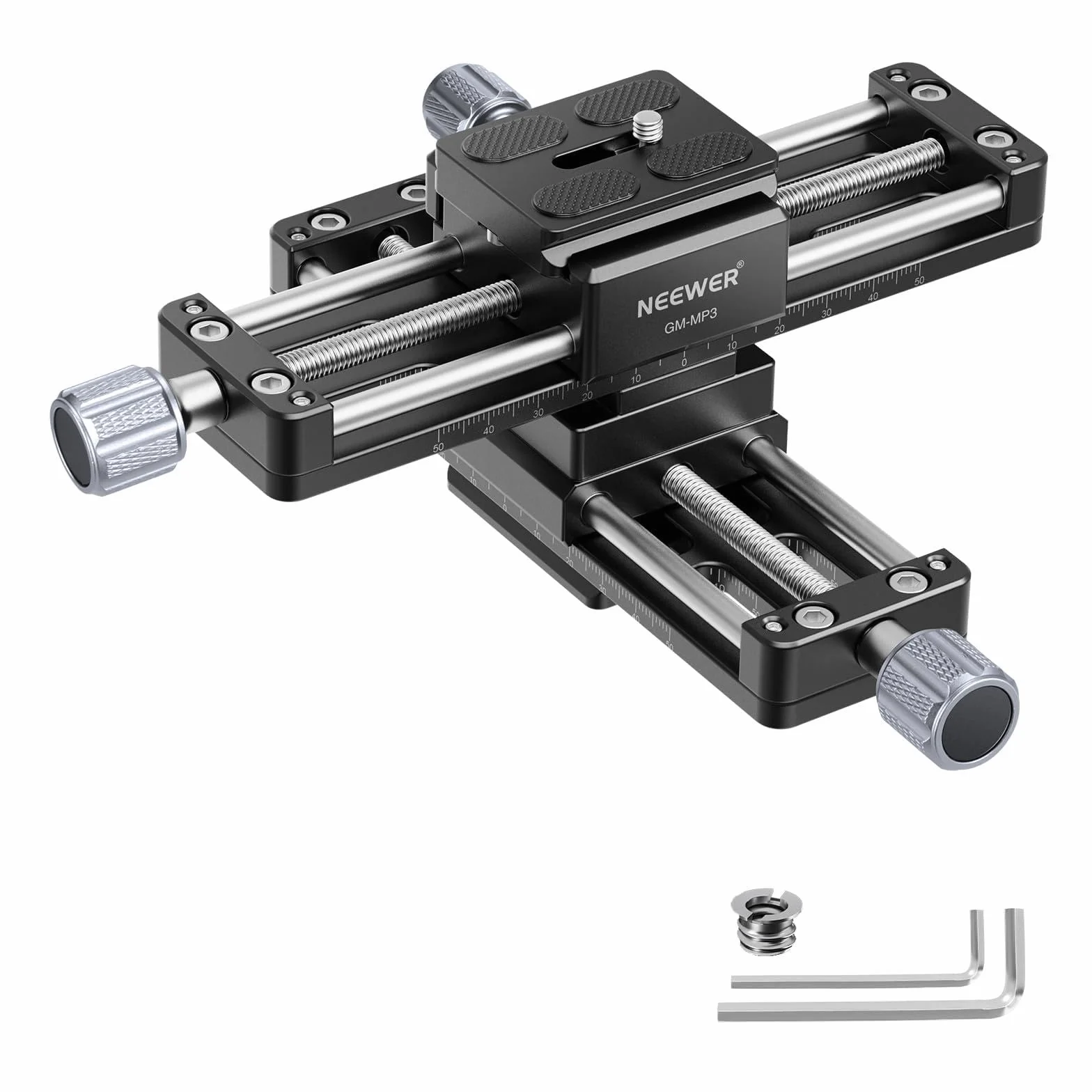NEEWER Suwak szynowy makro, 4-osiowa obracana o 360° szyna ogniskowa ze stopu aluminium z płytką szybkiego zwalniania typu Arca śruba 1/4 cala do kamery kamery głowice statywów makro fotografia