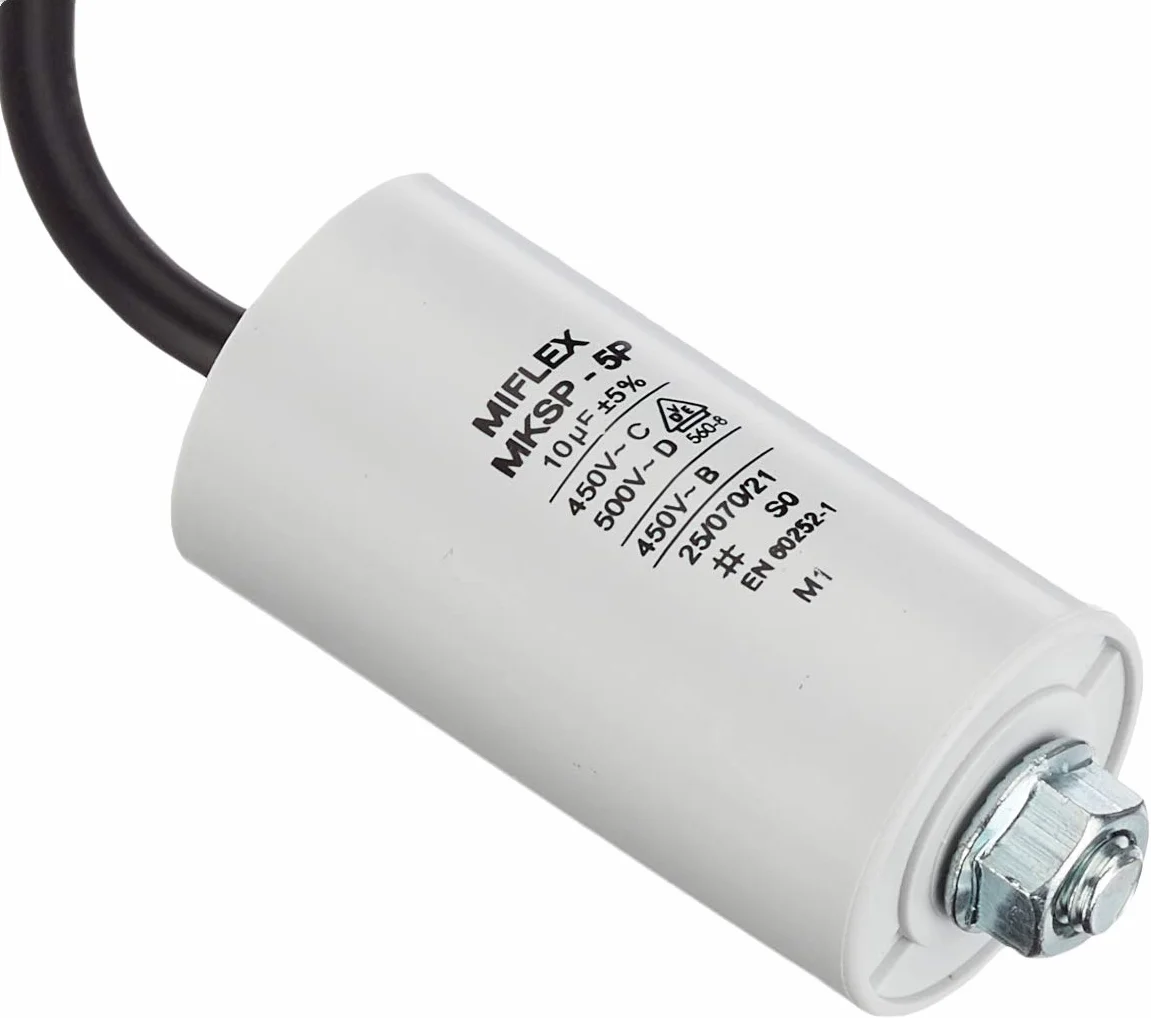Miflex kondensator rozruchowy silnika 10 μF, 450 V, 35 mm x 65 mm, kabel: M8