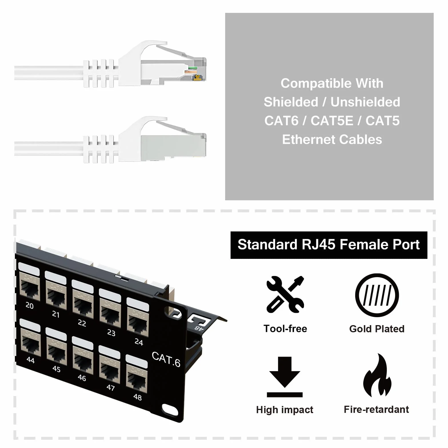 iwillink Panel krosowy z 48 portami RJ45 ekranowany przez złącze 2U Cat6 STP 19 cali z listwą tylną, uchwytem ściennym lub montażem do montażu w szafie, kompatybilny z okablowaniem Cat5, Cat5e, Cat6