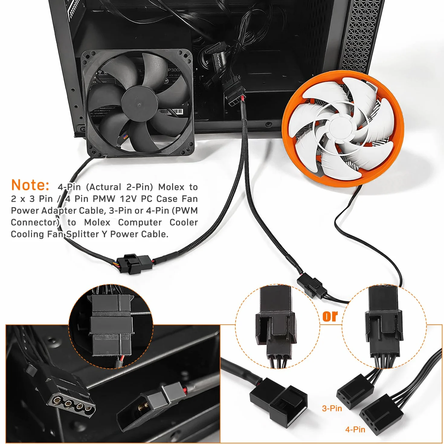 4 Sztuk Adapter Molex do Wentylatora Kabel Zasilający, 4-pinowy Molex do 2 x 3 Pin / 4 Pin PMW 12 V Kabel Zasilacza Wentylatora Obudowy Komputera