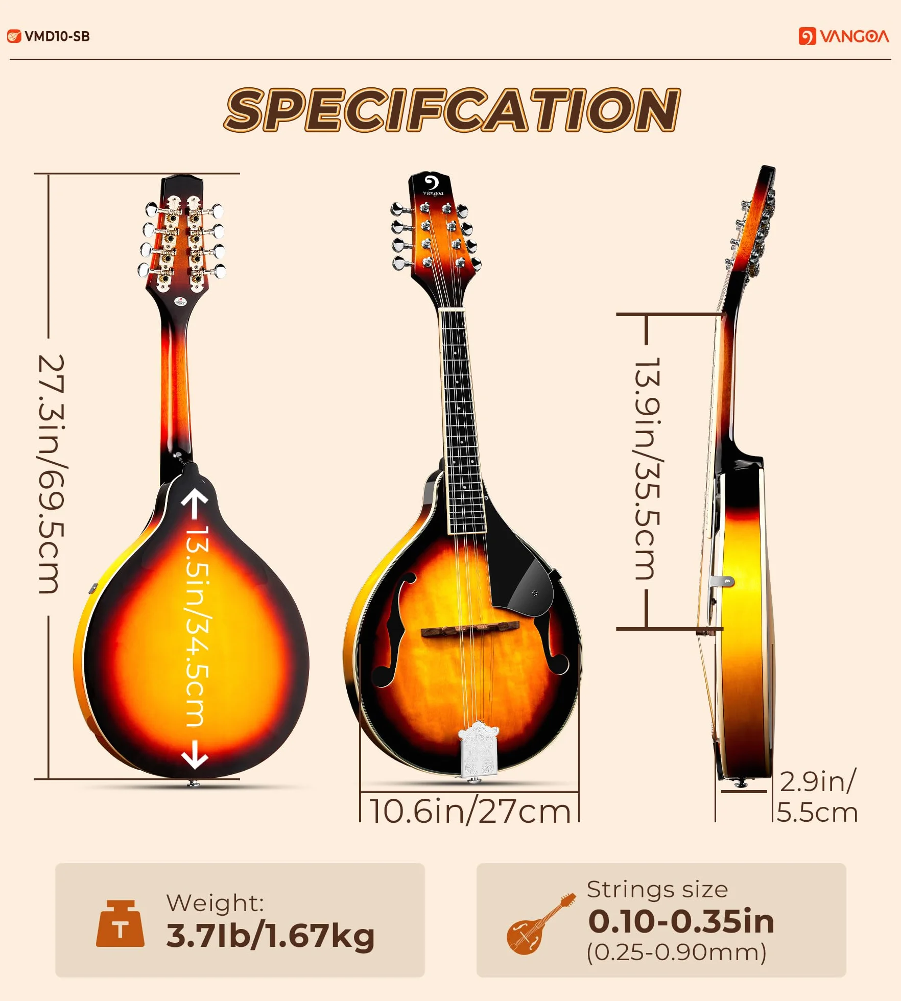 Vangoa Mandolina Instrument A Style Sunburst akustyczna mandolina dla początkujących z tunerem, strunami, torbą koncertową, kostkami