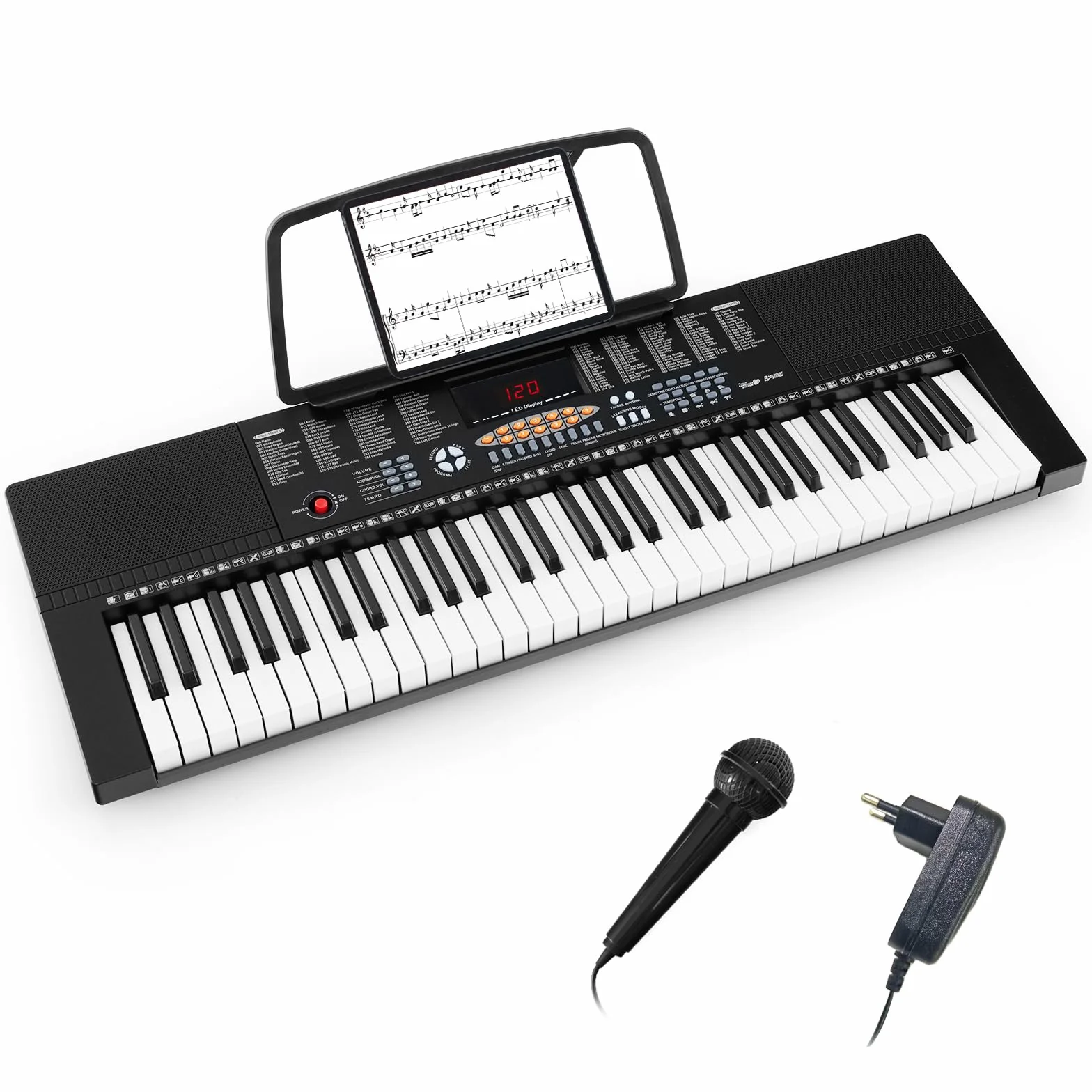 COSTWAY Klawiatura pianino dla początkujących z 61 klawiszami, cyfrowe pianino z 300 tonami, 300 rytmów, 50 demo, 3 tryby nauki, w zestawie stojak, mikrofon