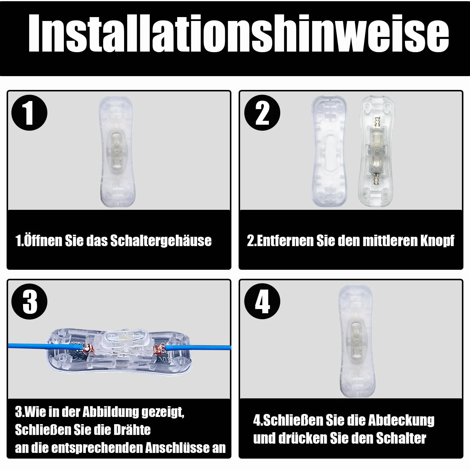 Powice 2 x przełącznik pośredni 2 A, przełącznik 230 V, przełącznik kablowy, odpowiedni do 1-żyłowego przewodu zasilającego i małych urządzeń lub lamp