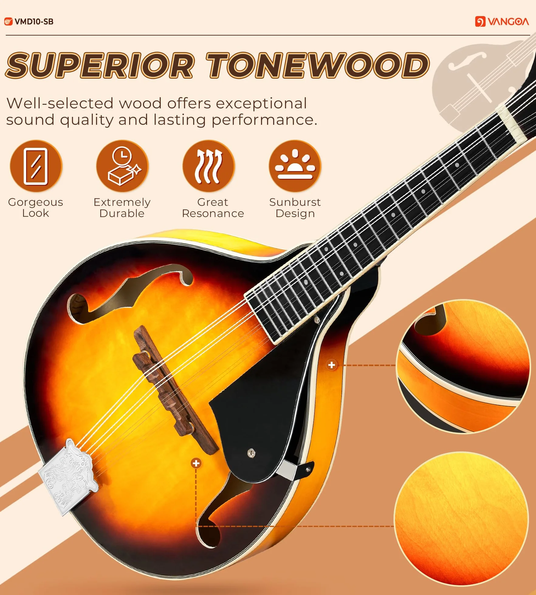 Vangoa Mandolina Instrument A Style Sunburst akustyczna mandolina dla początkujących z tunerem, strunami, torbą koncertową, kostkami