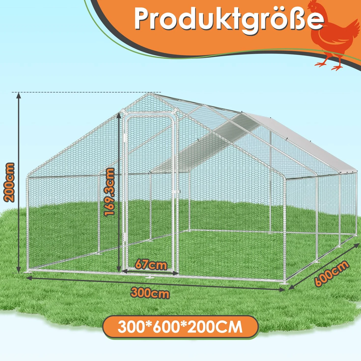 Herrselsam Kurnik, klatka dla małych zwierząt, 3 x 6 x 2 m, XXL, wybieg z zamkiem bezpieczeństwa i wodoodporną farbą PE, idealny dla kur i innych małych zwierząt