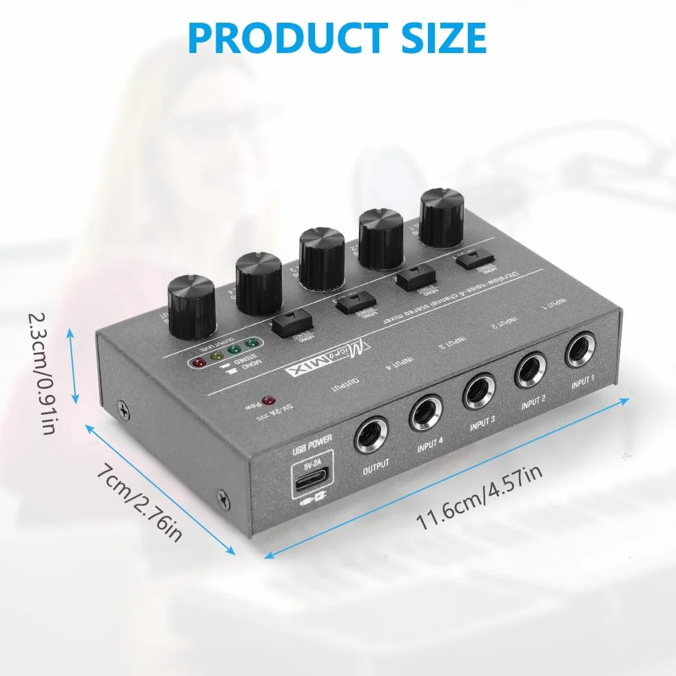 OFFCUP 4-kanałowy mikser audio, Mini 5V ultra kompaktowy mikser liniowy o niskiej emisji hałasu, metalowe miksery dźwiękowe do karaoke z oddzielną regulacją głośności dla gitary, basu, klawiatur