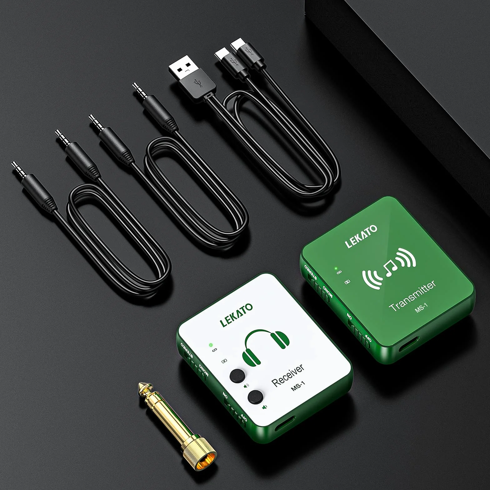 LEKATO MS-1 bezprzewodowy system monitorowania 2,4 G stereo IEM z nadajnikiem, odbiornik, automatyczne parowanie, do studia, prób zespołowych, występów na żywo (zielony)