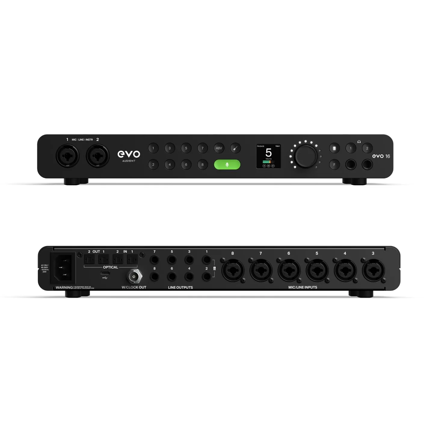 Interfejs audio Audient EVO16, najnowocześniejsza technologia konwersji (24 wejścia/wyjścia, Multichannel Smartgain, wyświetlacz LCD o wysokiej rozdzielczości, pętla audio, 8 wzmacniaczy