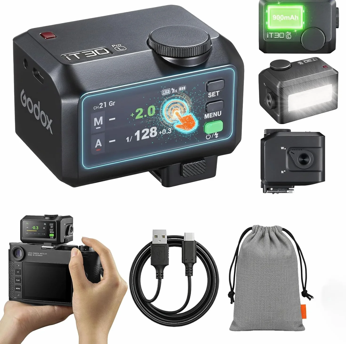 Godox iT30Pro-L TTL Mini Lampa Błyskowa do Leica, GN15, 560 Błysków Pełnej Mocy, 1,5 s Czas Recyklingu, HSS 1/8000 s, 2,4G X Nadajnik/Odbiornik, Ekran Dotykowy, USB-C, do Podróży Street Portret