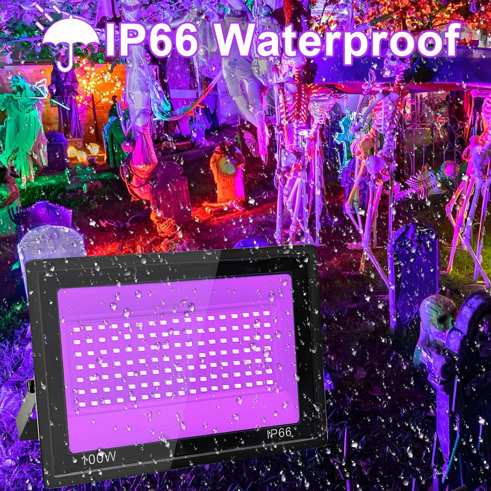 100 W, czarny reflektor LED, IP66, wodoodporny, UV, 395-400 nm, przełącznik, na imprezę, Halloween, do malowania ciała, baru, akwarium