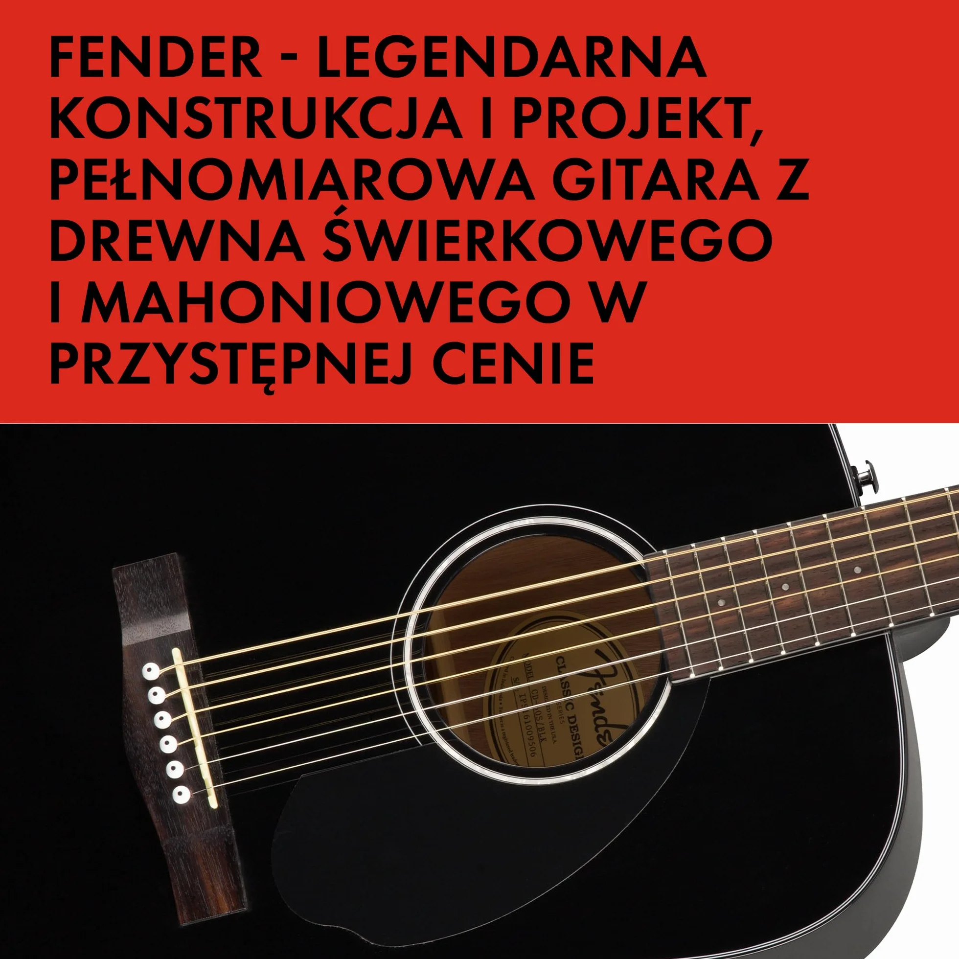 Fender Gitara akustyczna CD-60S Dreadnought, podstrunnica orzechowa, czarna, w zestawie bezpłatne lekcje wirtualne