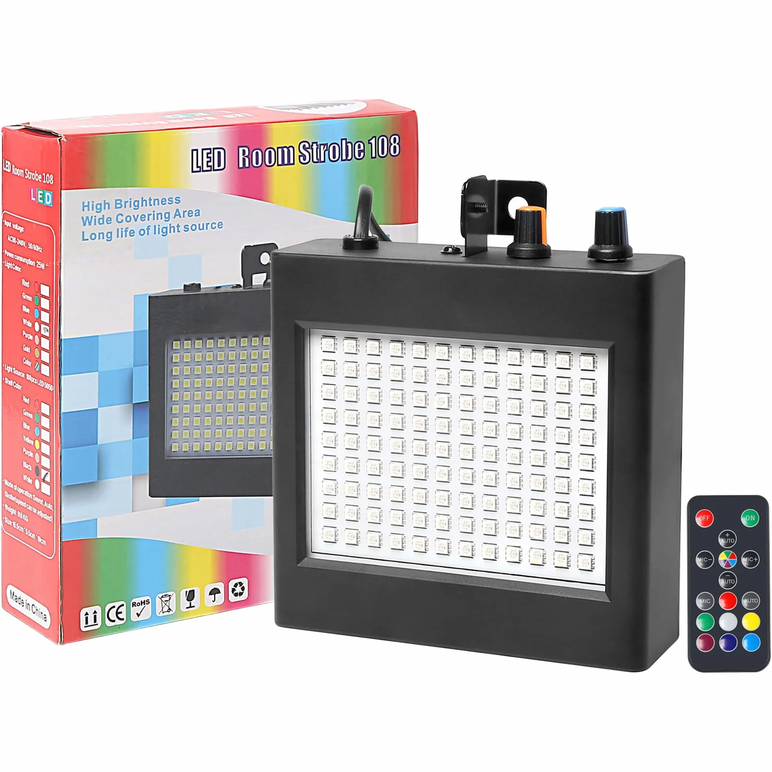 Multicolor stroboskop z pilotem zdalnego sterowania, 108 diod LED, stroboskop, sterowany muzyką, lampa błyskowa do pokoju, dyskoteki, na imprezę, dyskotekę, stroboskop, stroboskop, projektor efektów