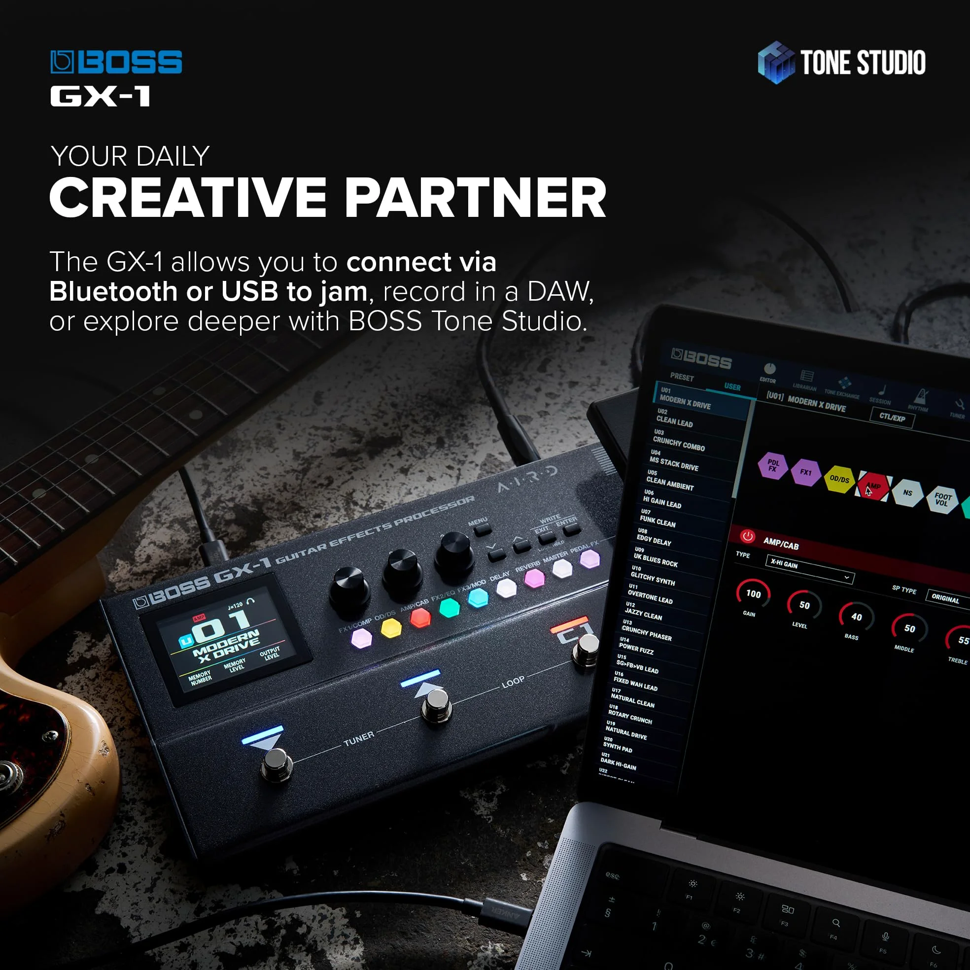 BOSS GX-1 | Ultraprzenośny Procesor Efektów Gitarowych | Wyposażony w Kultowe Wzmacniacze i Efekty | Silnik Dźwiękowy AIRD Klasy Premium | Idealny dla Początkujących Gitarzystów | Łączność Bluetooth