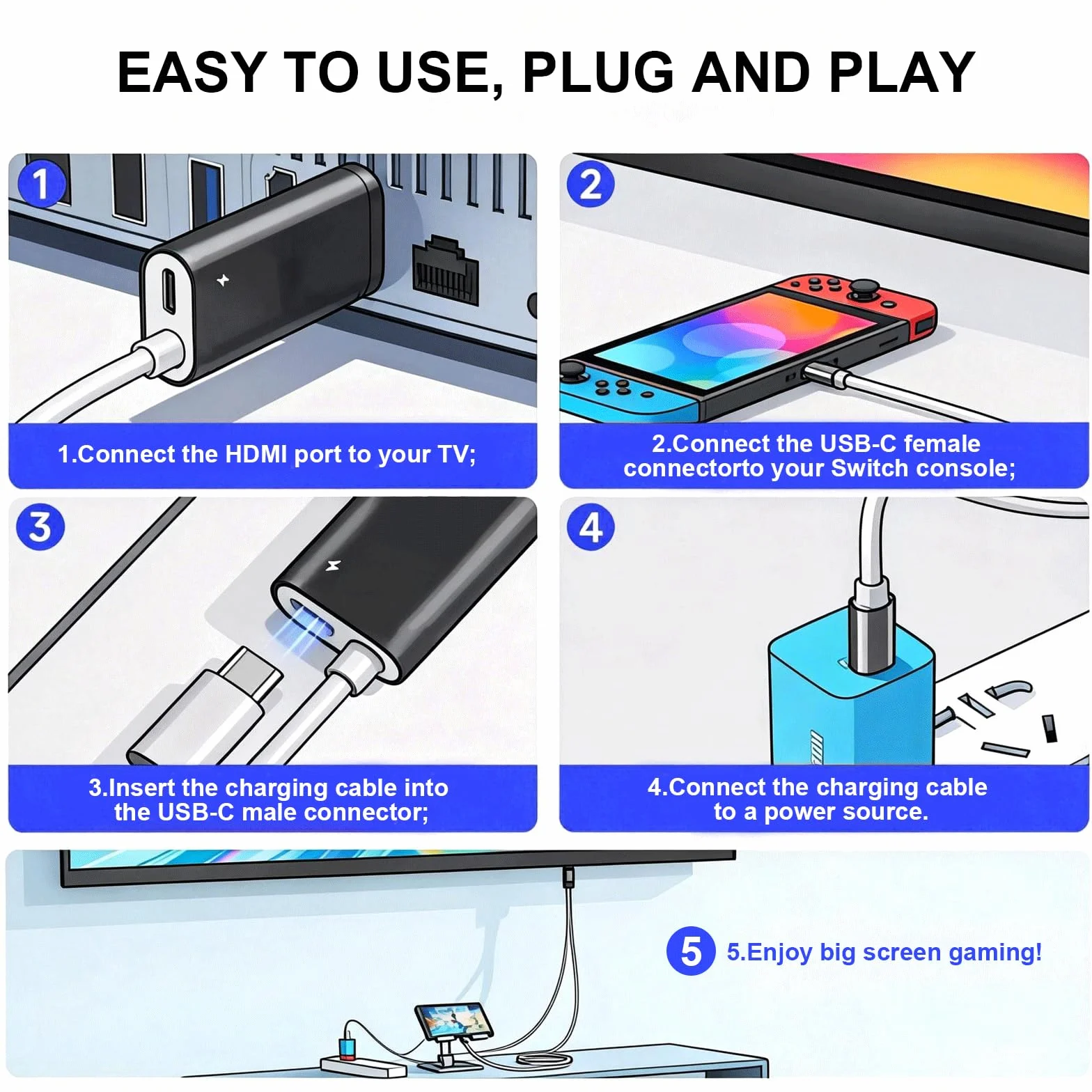 HENGBIRD Adapter USB C na HDMI 2 m, 4K@60Hz 100 W PD ładowanie, przenośna stacja dokująca, zamiennik do trybu TV Switch 2/1/OLED, kabel do gier Plug&Play do Switch, iPhone'a, Steam Deck, MacBook, iPad