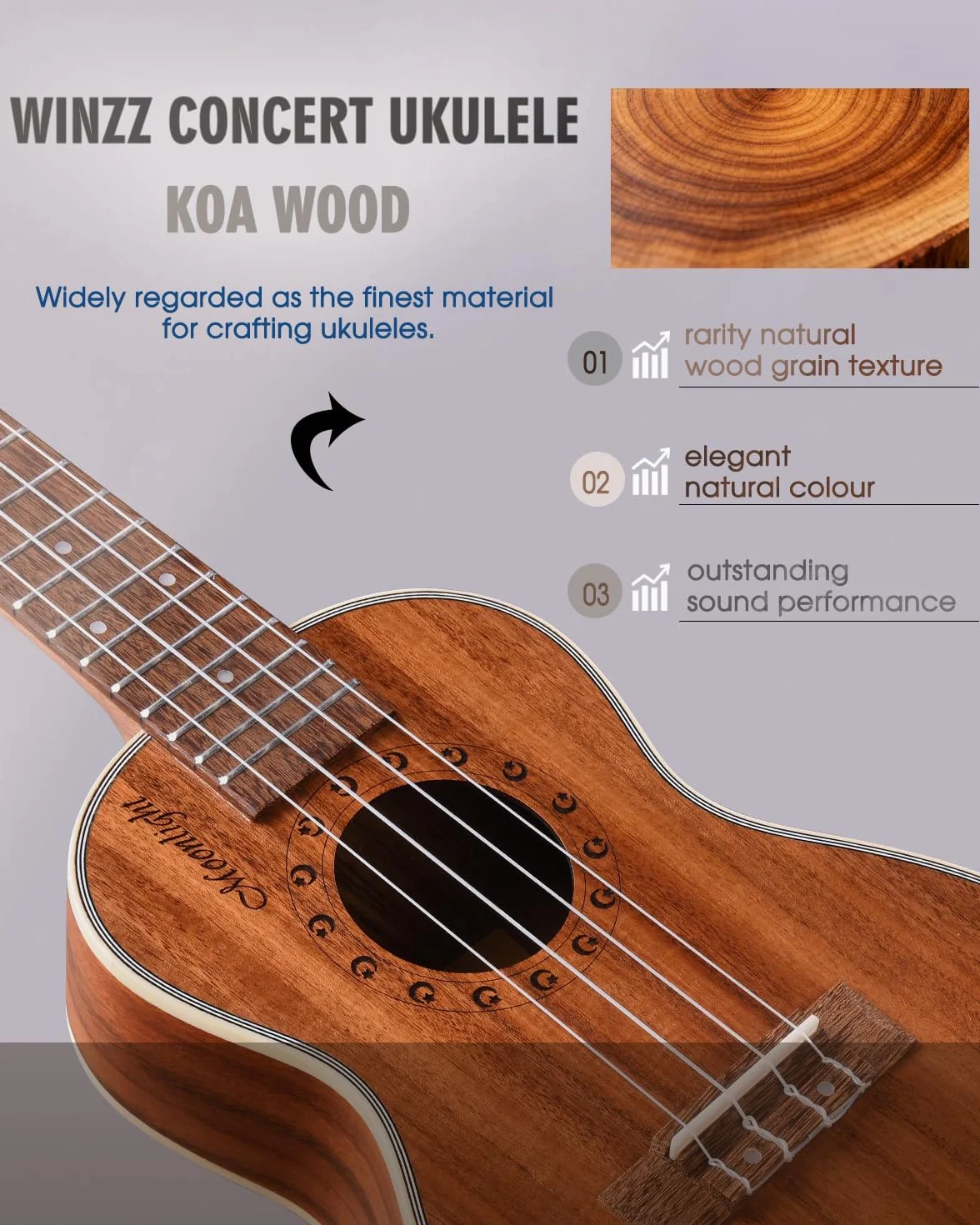 Winzz Ukulele Koncert 23-calowy KOA Zestaw dla początkujących i profesjonalistów Naturalny matowy