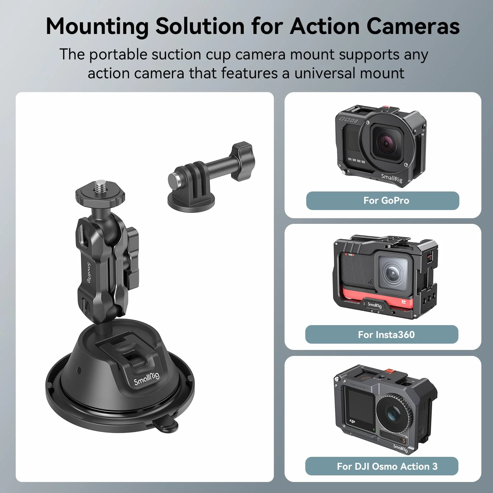 SMALLRIG Dwuwarstwowy Uchwyt z Przyssawką dla GoPro Hero 11/10/9, dla DJI Osmo Action/Procket, dla Insta360 X3, Podwójna Głowica Kulowa, Obrót o 360°, Montaż na Szybie Samochodu lub Oknie SC-1K -4193