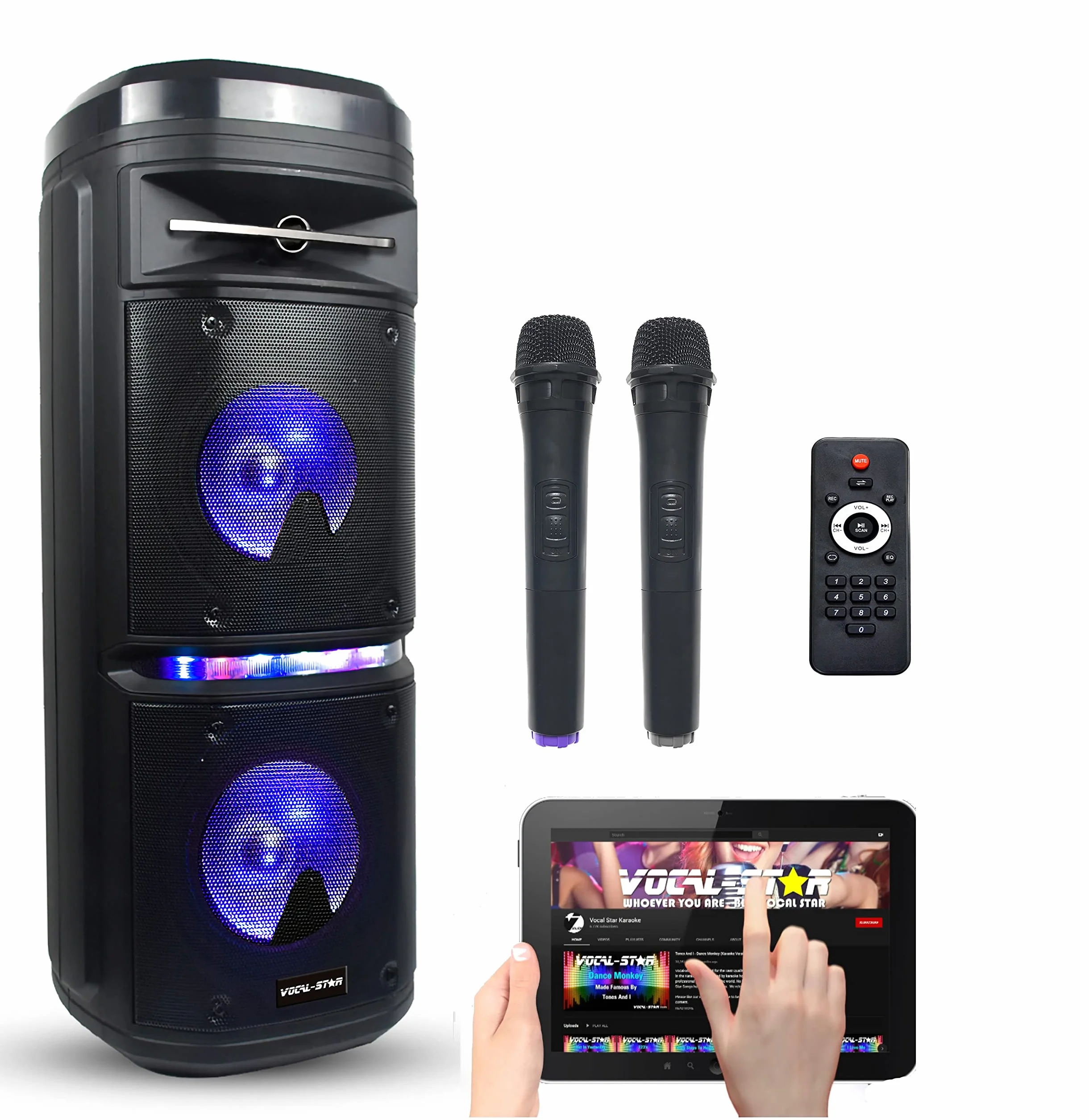 Przenośny system głośników nagłośnieniowych Vocal-Star z efektem świetlnym LED Party, tony niskie i wysokie Bluetooth, wejście USB i Aux dla MP3, 2 x 6-calowy głośnik niskotonowy 200 W i 2 mikrofony bezprzewodowe P180