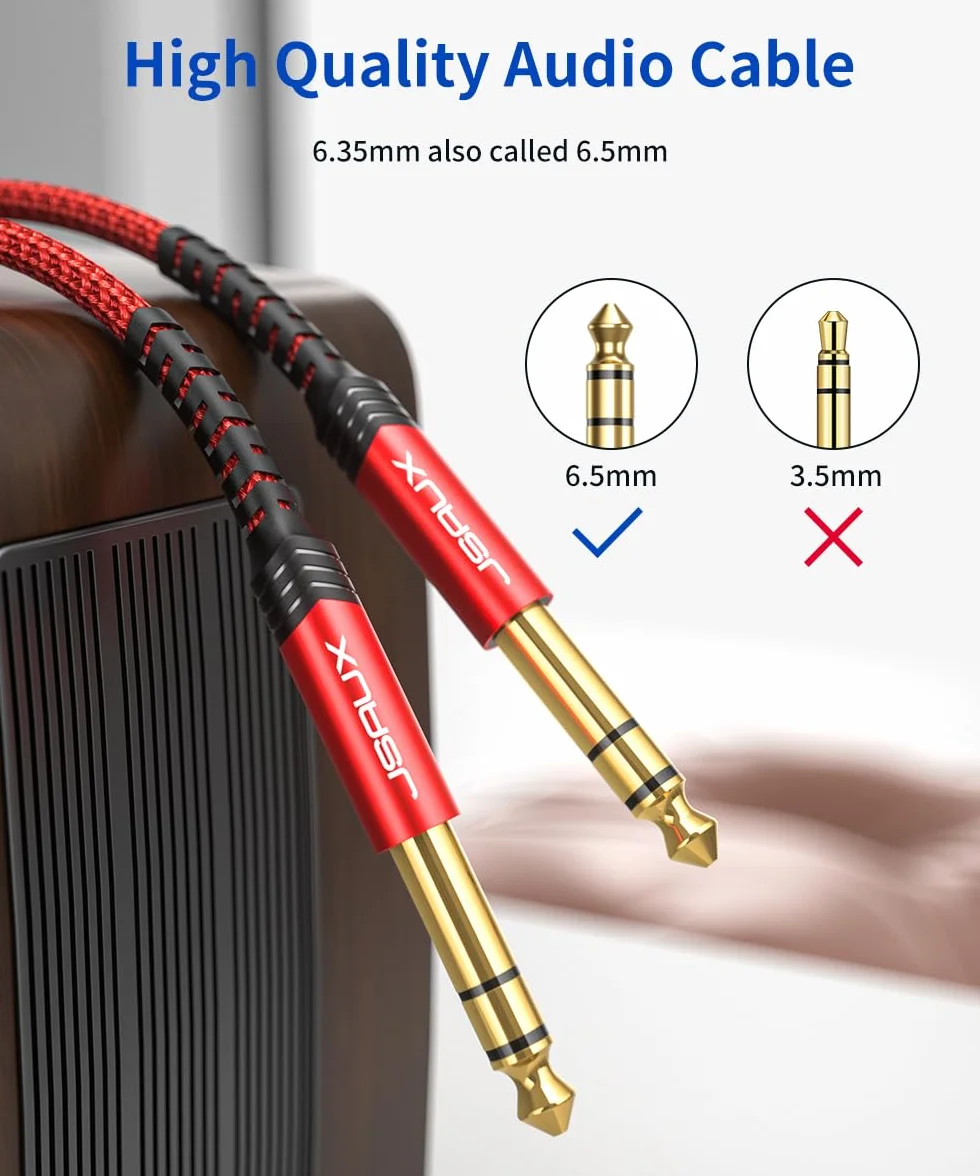 JSAUX Kabel Gitarowy 3M, 1/4" 6.35mm do 6.35mm TRS Stereo Audio Gitarowy Przewód Nylonowy Warkocz Jack Instrumentowy Kabel dla Gitary Elektrycznej, Basu, Wzmacniacza, Klawiatury - Czerwony