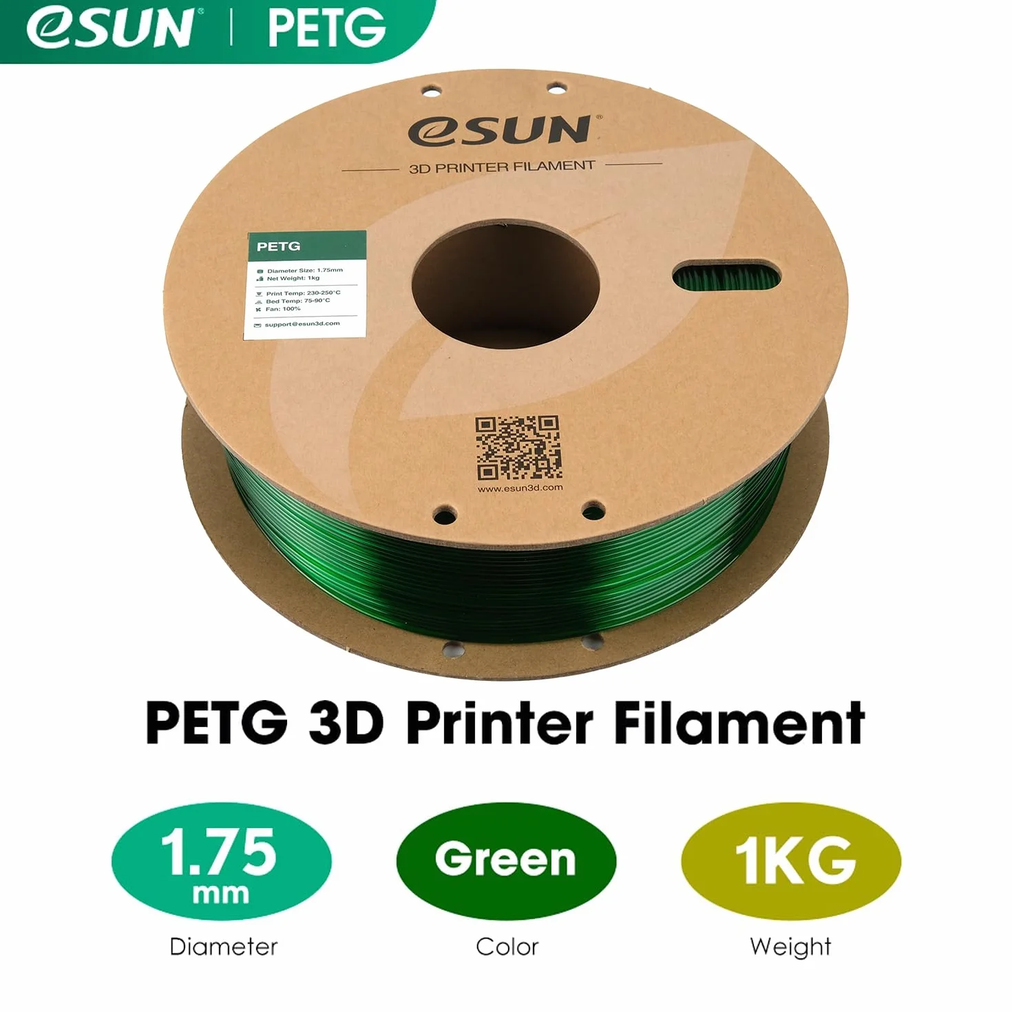eSUN filament do drukarki 3D PETG, filament PETG 1,75 mm, dokładność wymiarów +/- 0,05 mm, 2,2 funta (1 kg), szpula, filament 3D do drukarek 3D