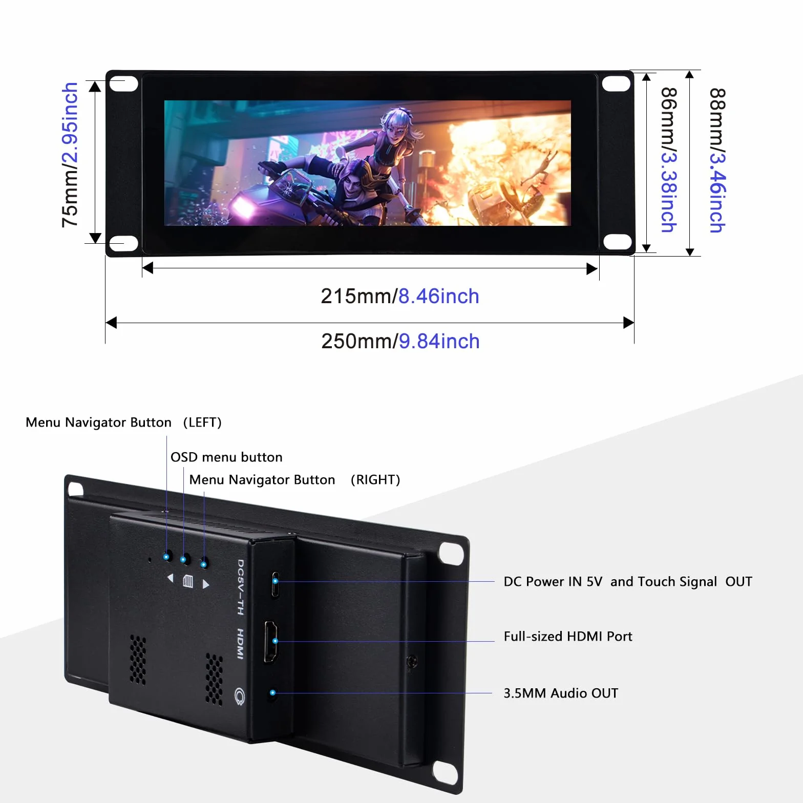 GeeekPi 7.84 calowy 1280 x 400 Pojemnościowy ekran dotykowy LCD Monitor do montażu na regał DeskPi RackMate T0/T1/T2 Szafka serwerowa