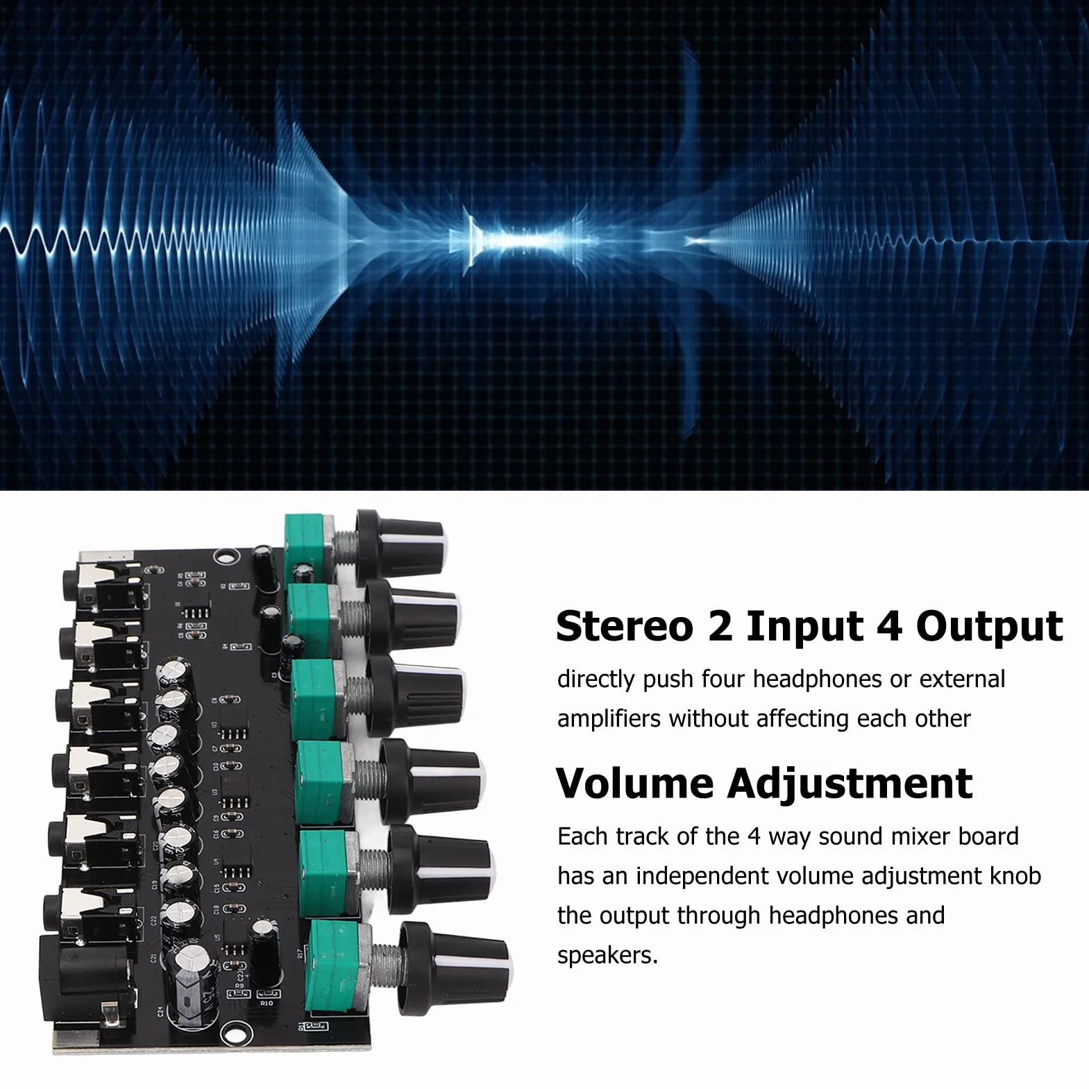 Płytka Miksera Stereo, 3,5 Mm 2 Wejścia 4 Wyjścia Profesjonalny Mikser Audio Płyta Dźwiękowa System Konsoli, Wzmacniacze Dystrybutor Miksera z Niezależnym Pokrętłem Regulacji Głośności