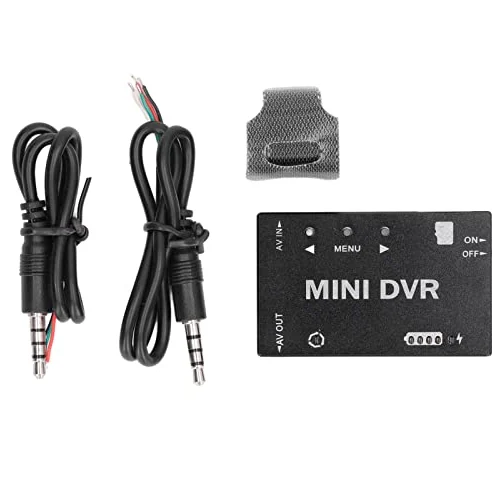 Mini DVR FPV z nagrywaniem wideo i dźwięku, przełączanie NTSC/PAL, wbudowany akumulator, obudowa z aluminium, obsługa kart do 32 GB, wymiary: 53 × 33 × 9 mm.