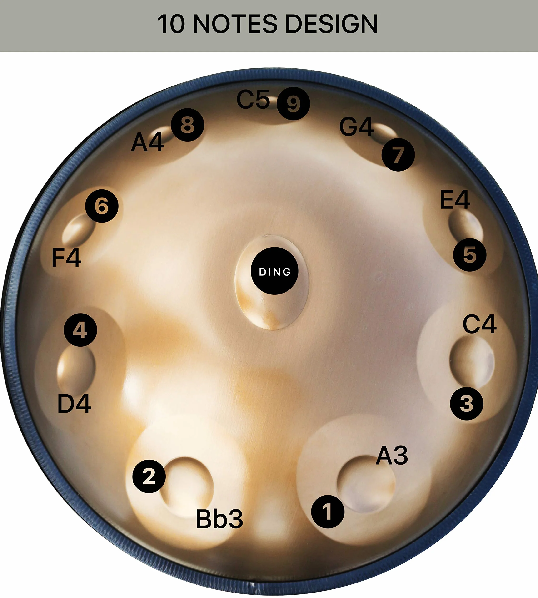 Handpan bęben, 56 cm D moll 10-nutowy 432 Hz złote bębny ręczne z akcesoriami
